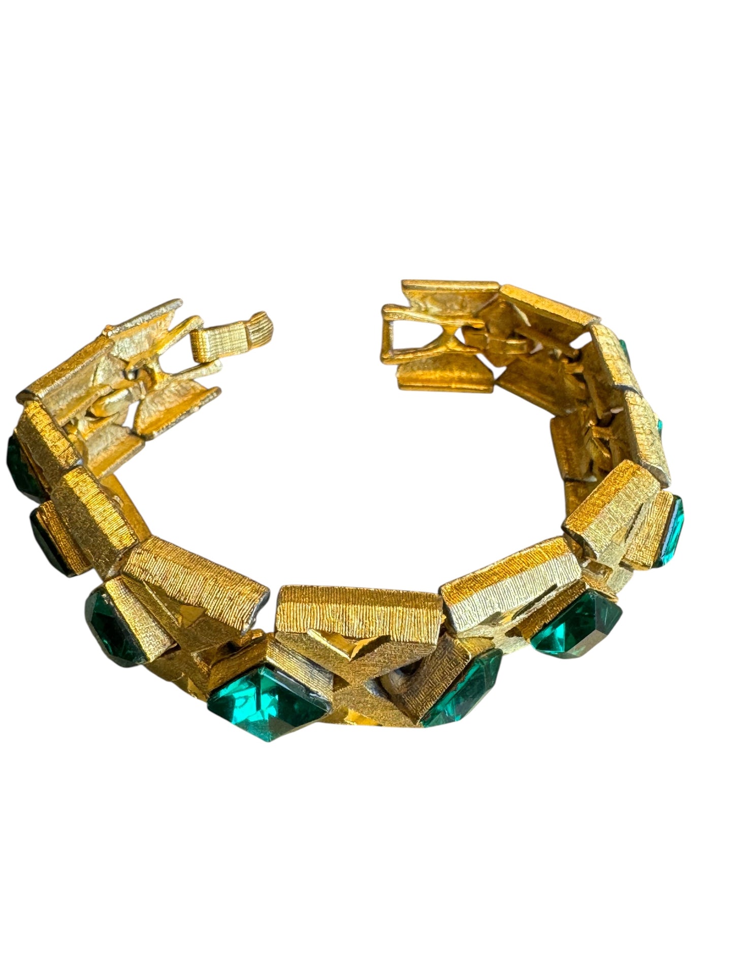 Vintage Czech-Style Articulated Bracelet – Brushed Gold with Emerald Green Glass Stones