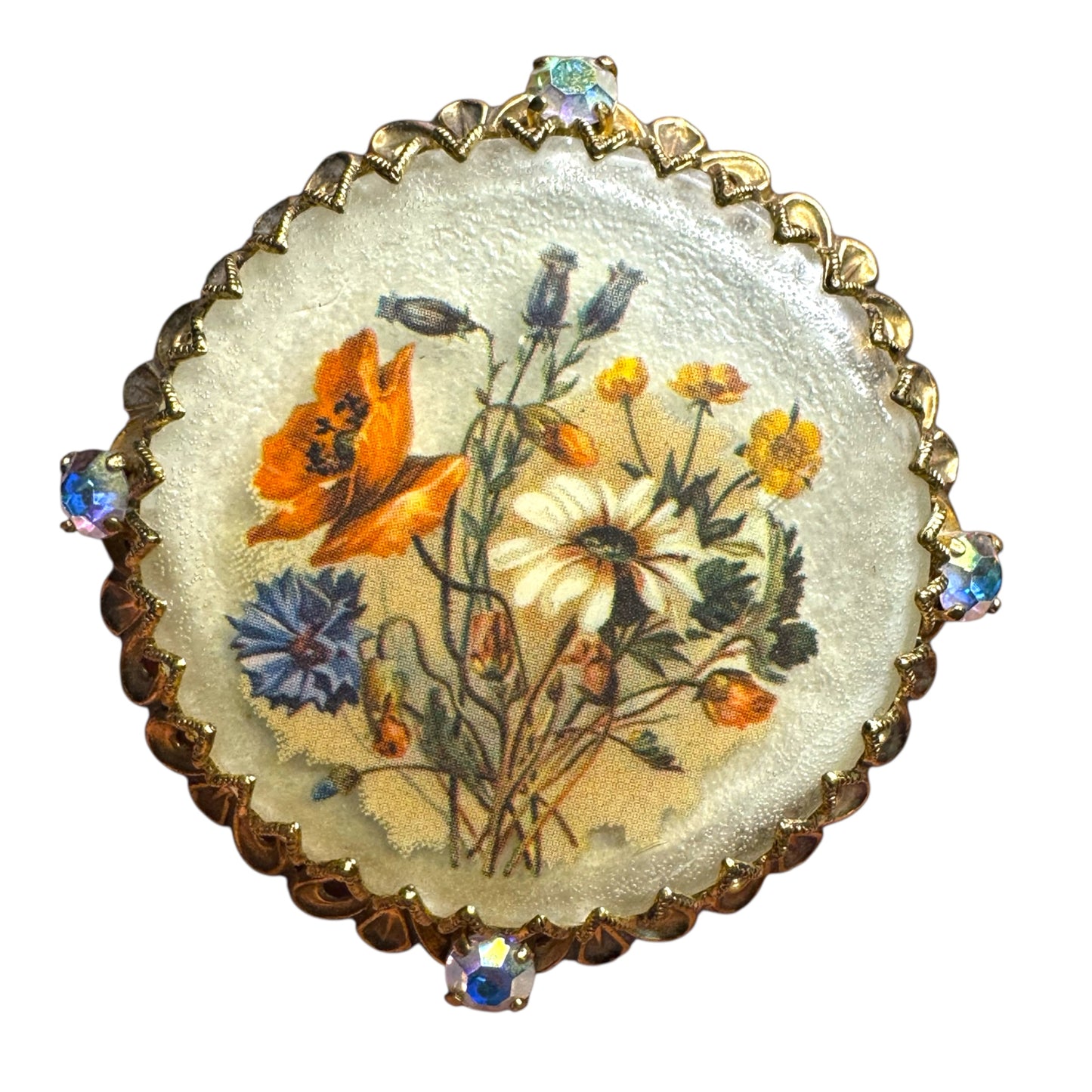 Vintage German Floral Lucite Brooch with AB Rhinestones – Filigree Brass