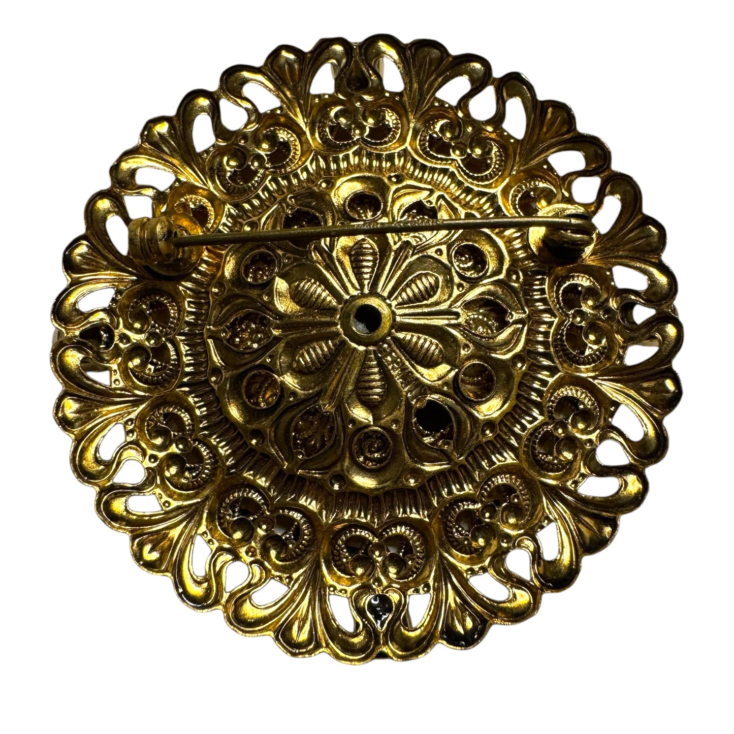 Vintage German Floral Lucite Brooch with AB Rhinestones – Filigree Brass