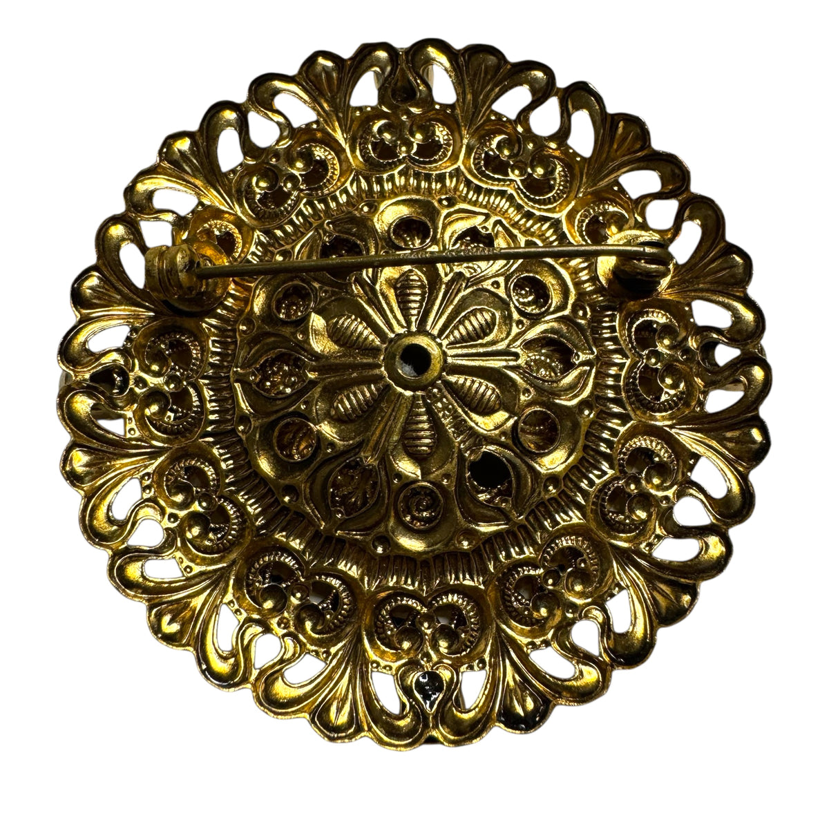 Vintage German Floral Lucite Brooch with AB Rhinestones – Filigree Brass Setting