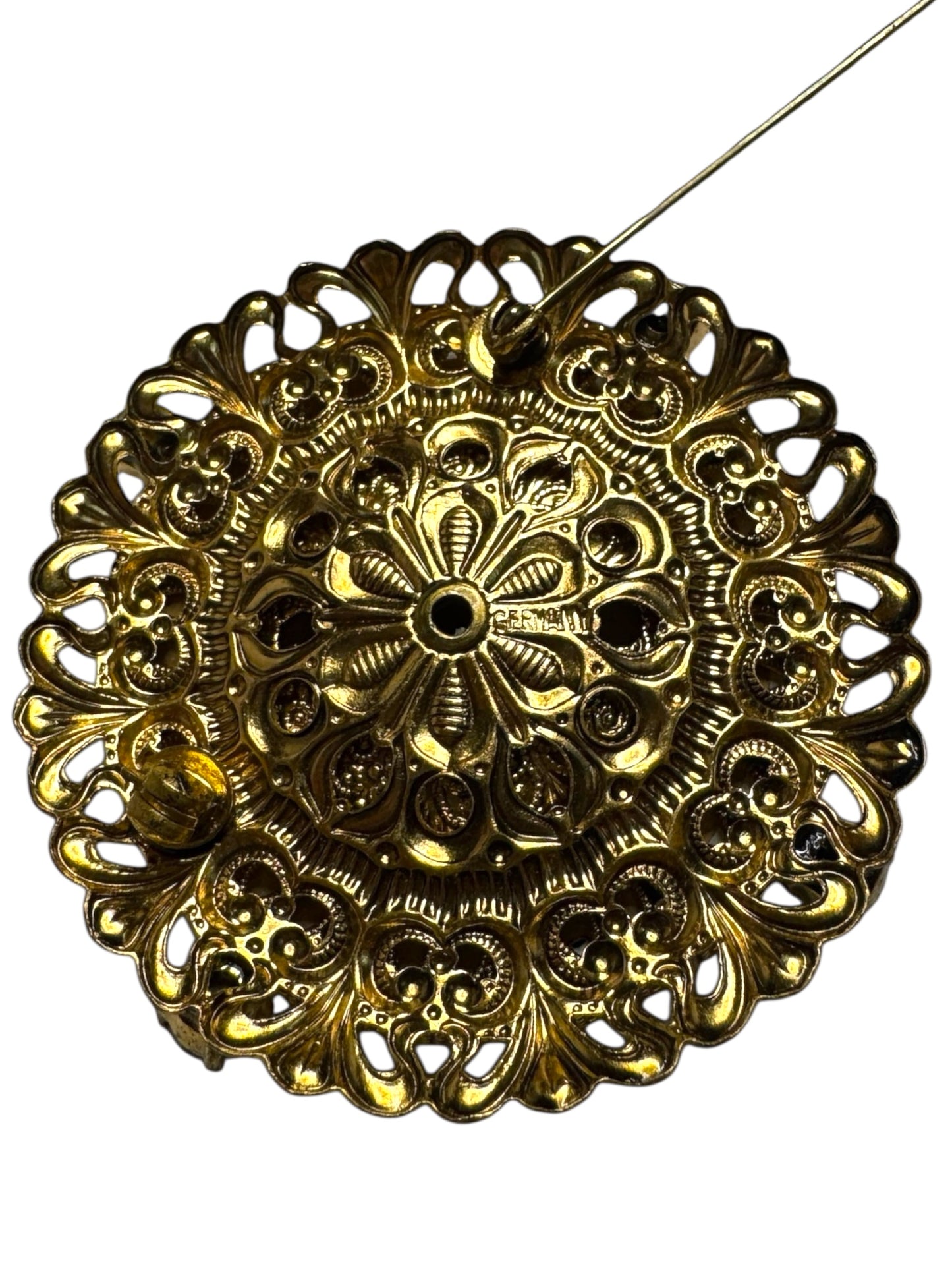 Vintage German Floral Lucite Brooch with AB Rhinestones – Filigree Brass