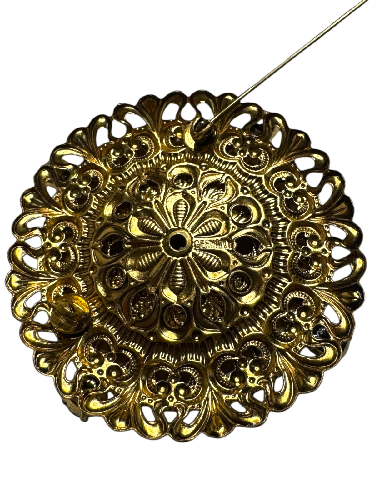 Vintage German Floral Lucite Brooch with AB Rhinestones – Filigree Brass Setting