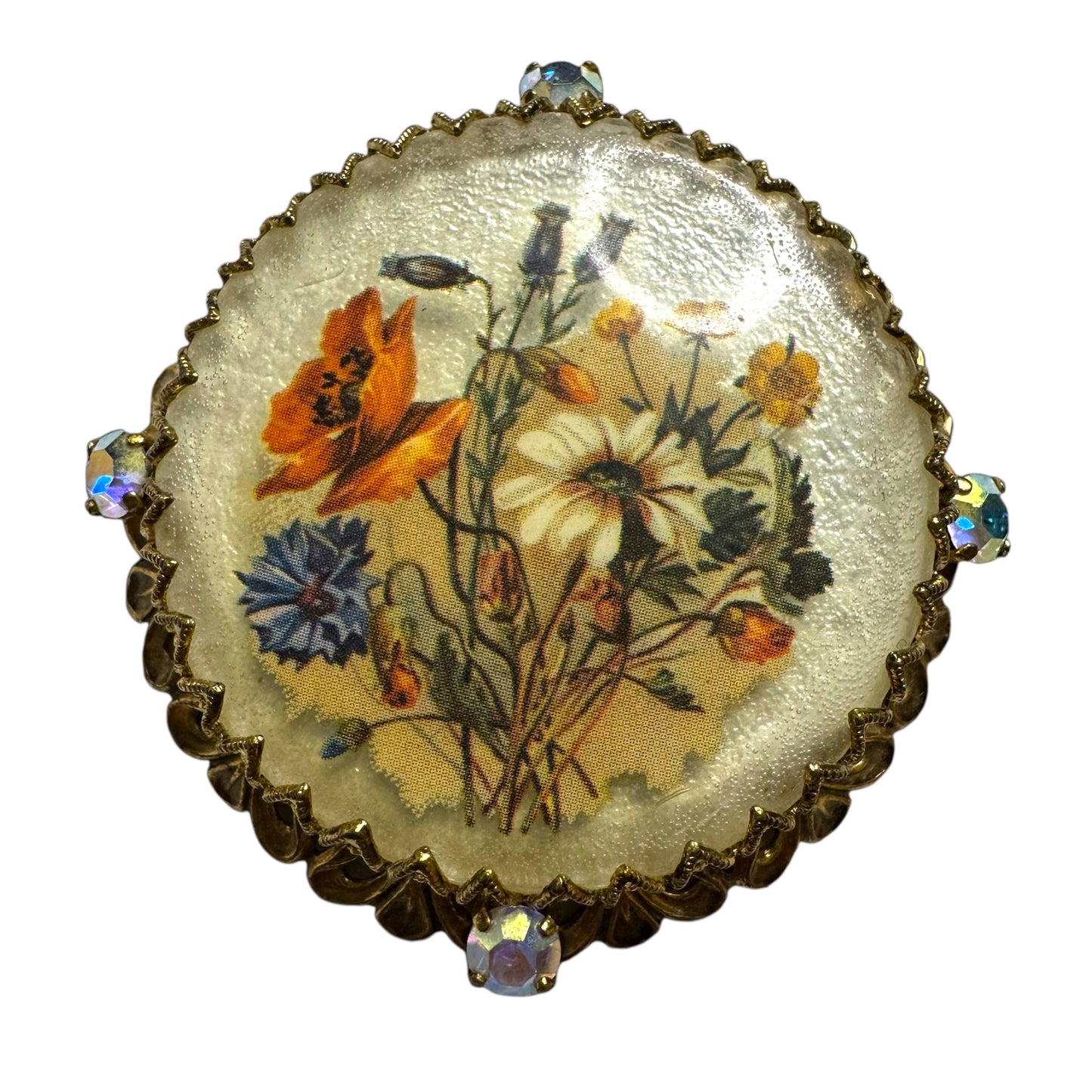 Vintage German Floral Lucite Brooch with AB Rhinestones – Filigree Brass