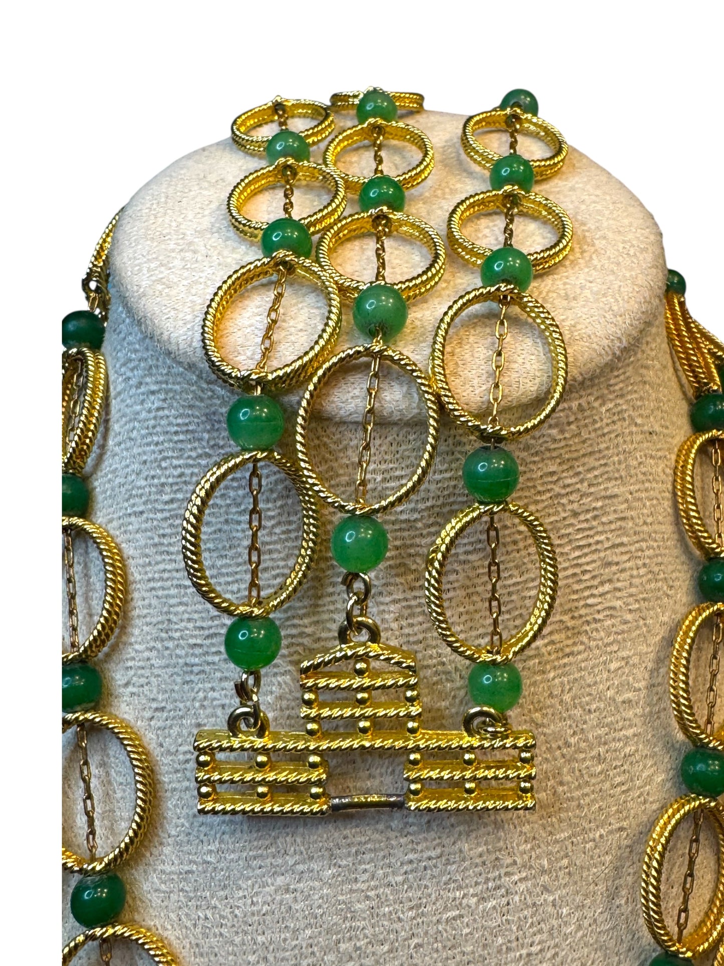 Rare Vintage Gold-Tone Multi-Strand Necklace & Bracelet Set with Green Beads – Architectural Clasp