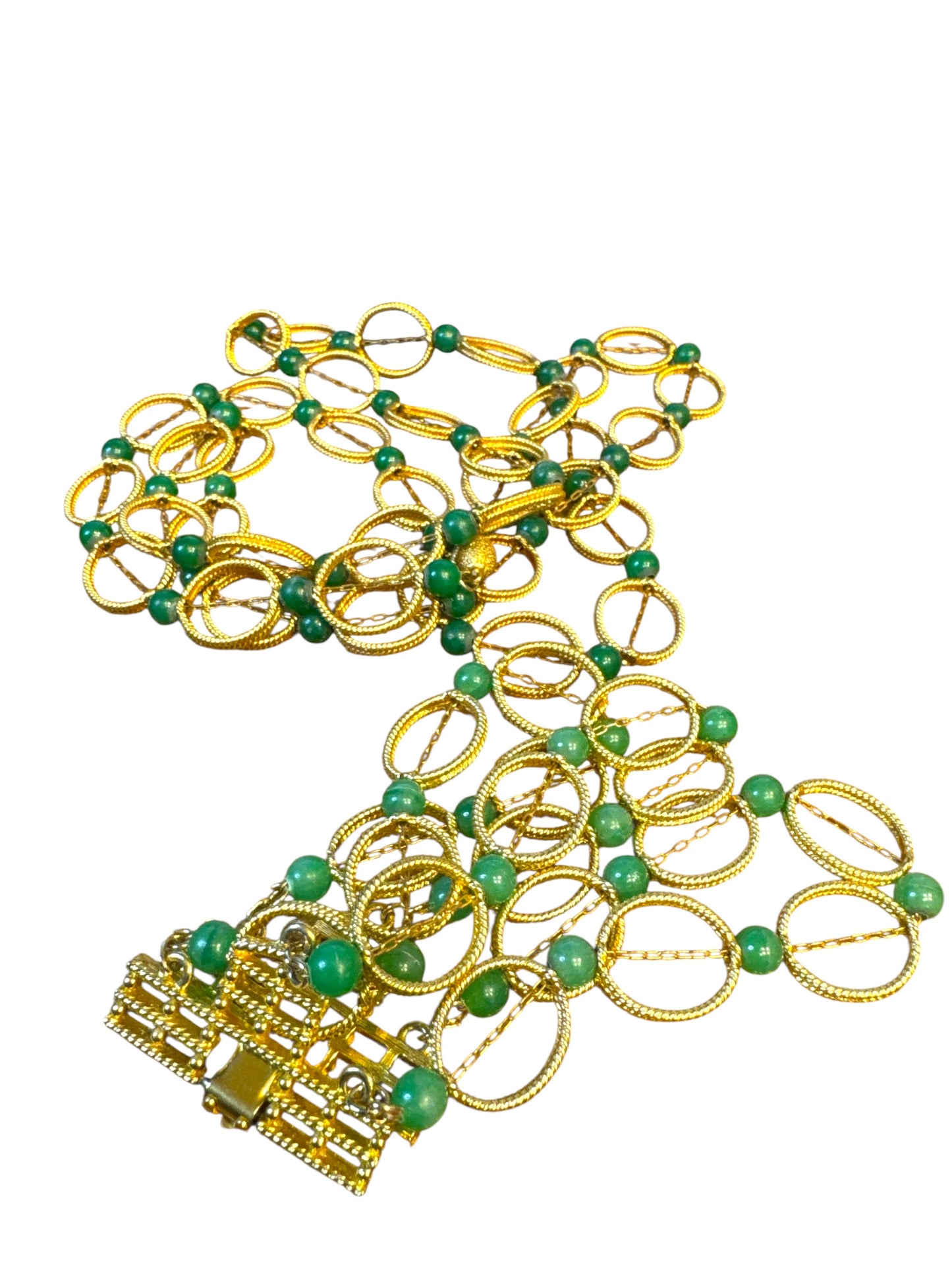 Rare Vintage Gold-Tone Multi-Strand Necklace & Bracelet Set with Green Beads – Architectural Clasp