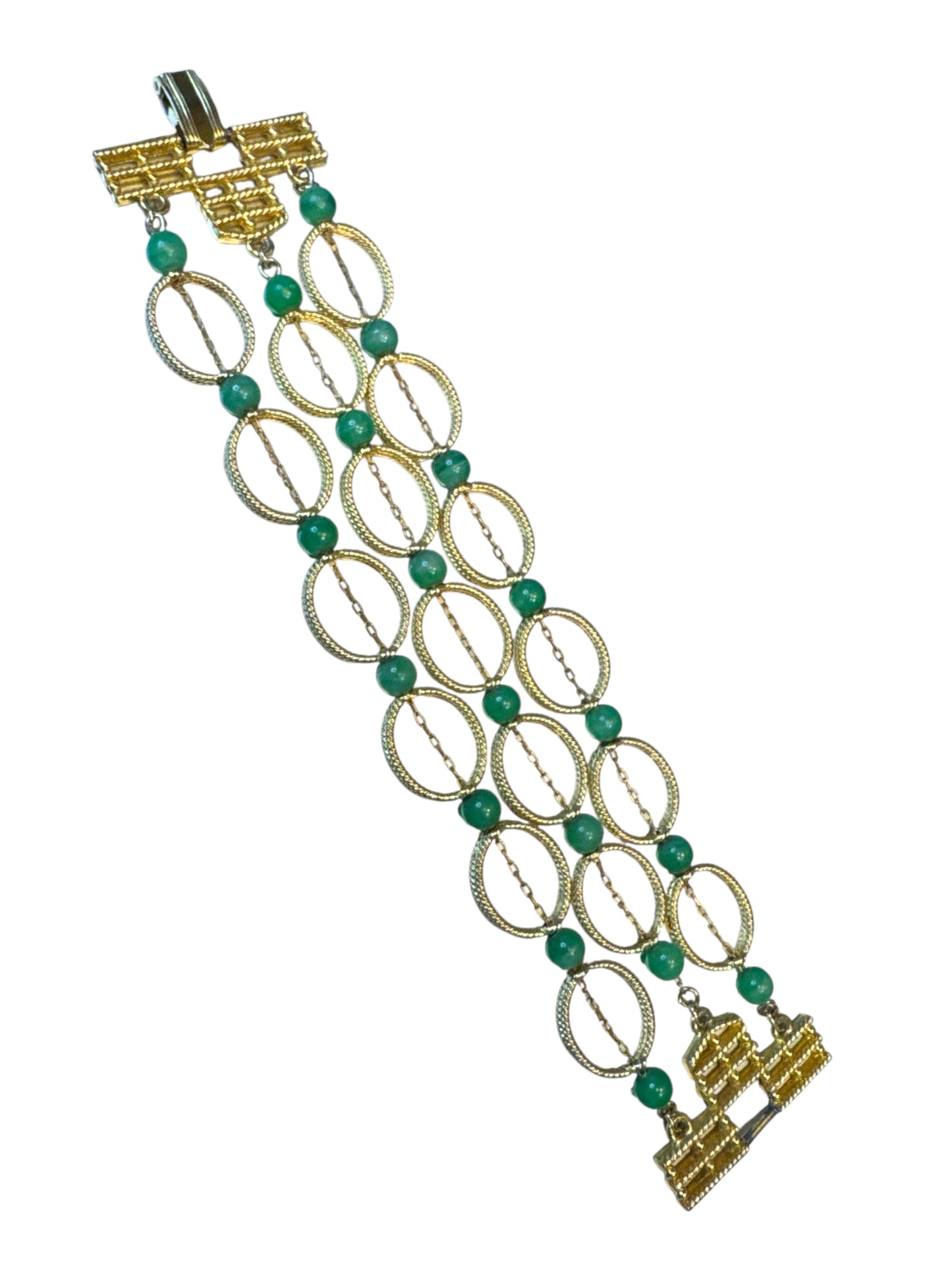 Rare Vintage Gold-Tone Multi-Strand Necklace & Bracelet Set with Green Beads – Architectural Clasp