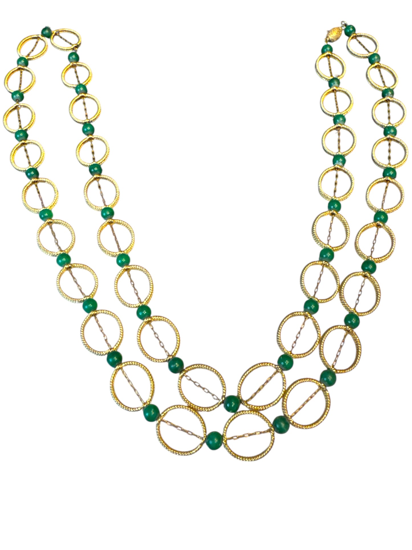 Rare Vintage Gold-Tone Multi-Strand Necklace & Bracelet Set with Green Beads – Architectural Clasp