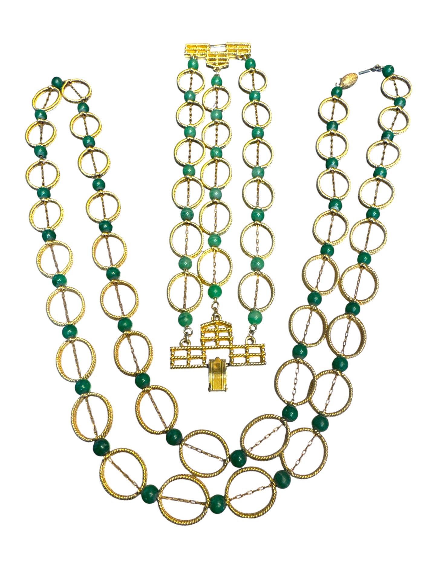 Rare Vintage Gold-Tone Multi-Strand Necklace & Bracelet Set with Green Beads – Architectural Clasp