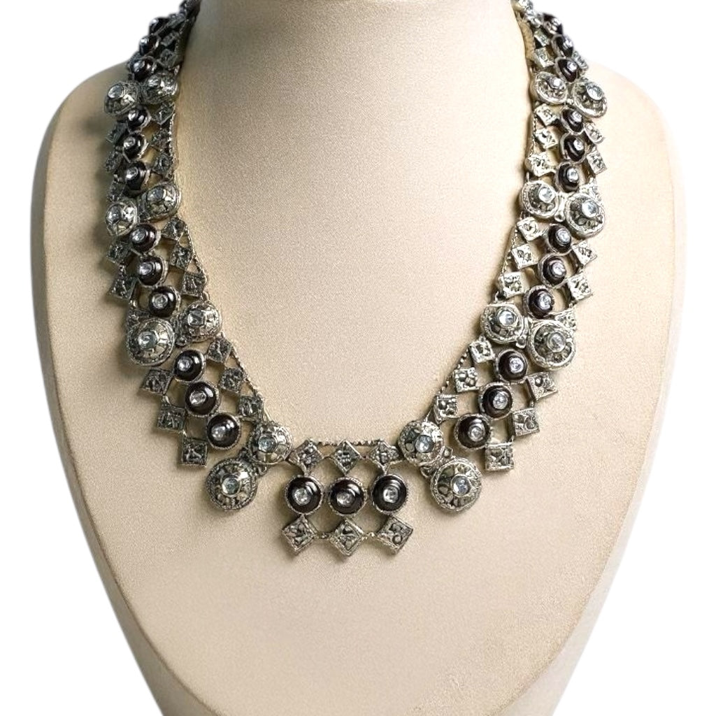 Rare Vintage Monet Platinum-Tone Collar Necklace – Articulated with Plum Enamel & Crystal Accents, Signed