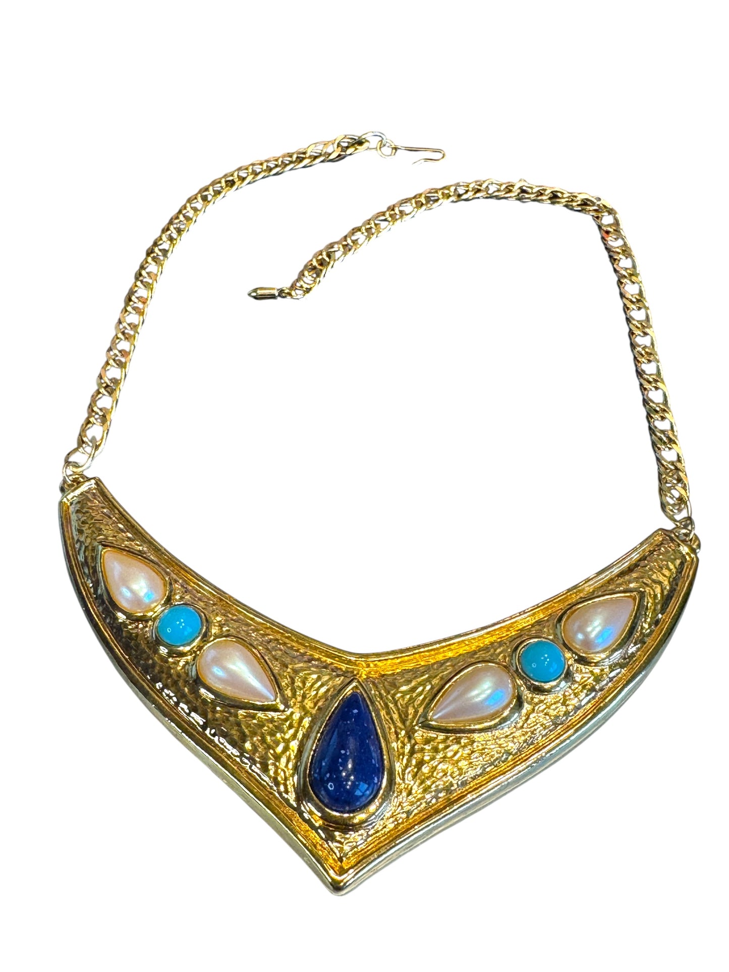 1970s Avon Etruscan Revival Collar Necklace – Gold-Tone V Design with Faux Pearls, Turquoise & Blue Cabochons