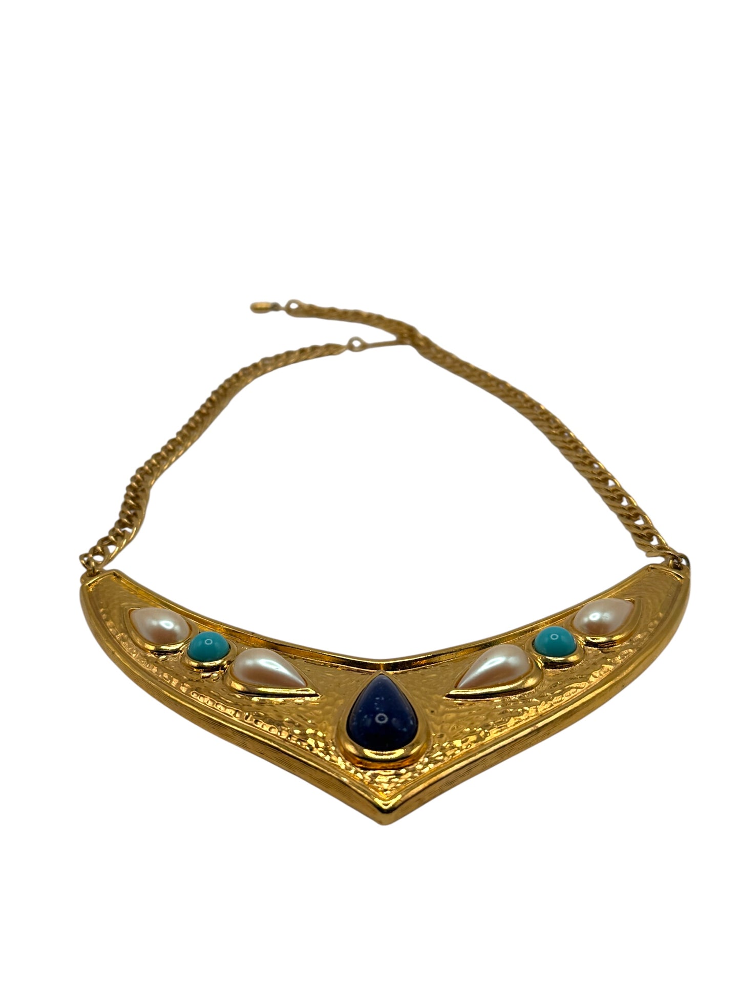 1970s Avon Etruscan Revival Collar Necklace – Gold-Tone V Design with Faux Pearls, Turquoise & Blue Cabochons