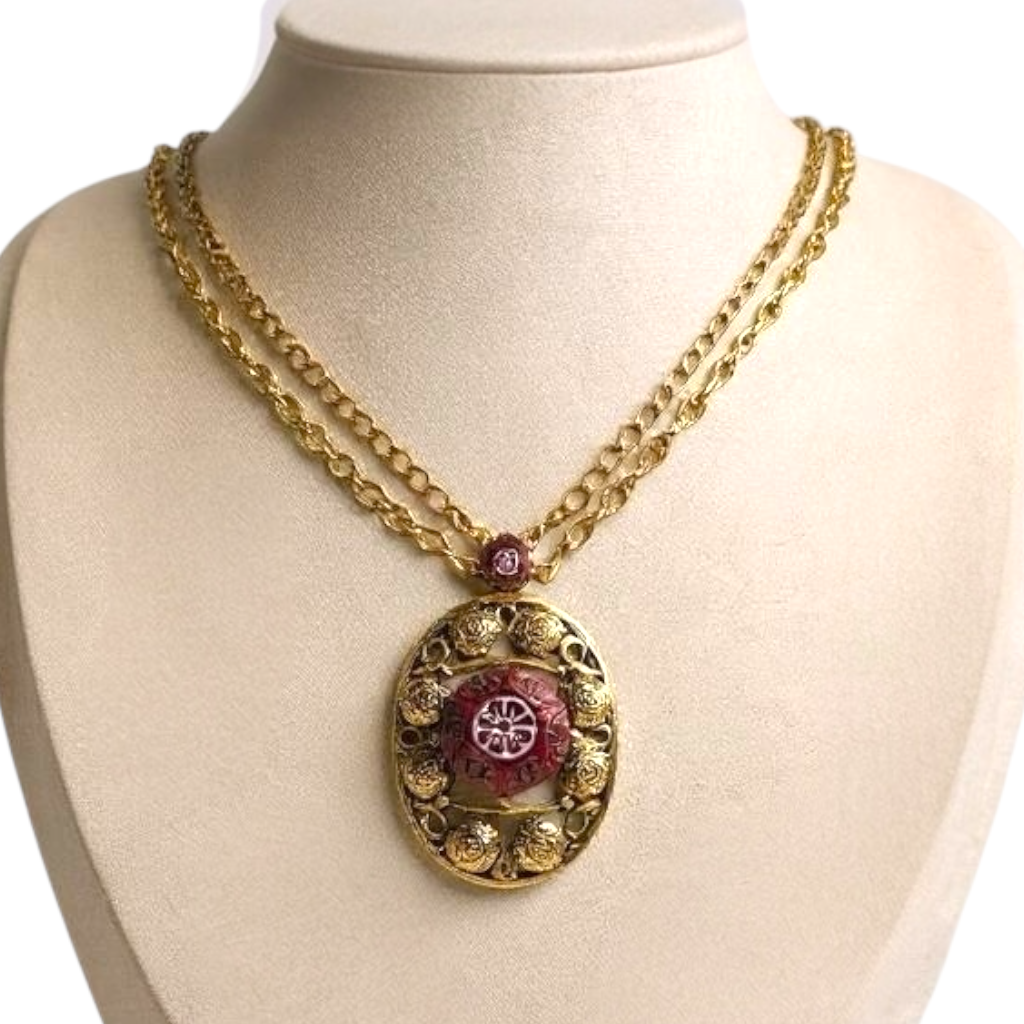 Vintage Delizza and Elster for Celebrity NY Pendant Necklace – Gold-Tone Filigree with Moroccan-Style Glass & Double Chain