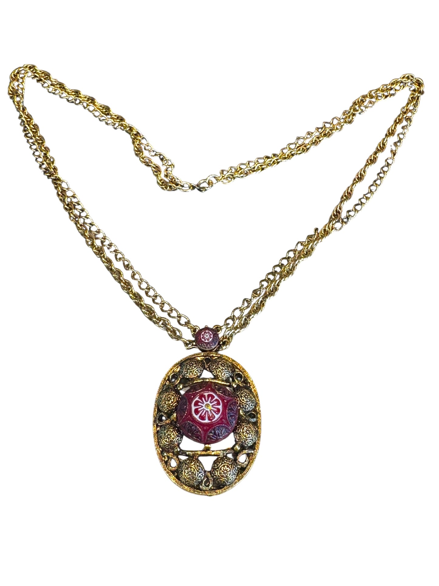 Vintage Delizza and Elster for Celebrity NY Pendant Necklace – Gold-Tone Filigree with Moroccan-Style Glass & Double Chain