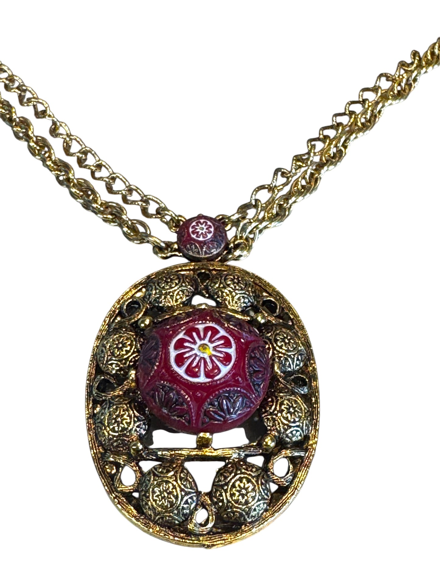 Vintage Delizza and Elster for Celebrity NY Pendant Necklace – Gold-Tone Filigree with Moroccan-Style Glass & Double Chain