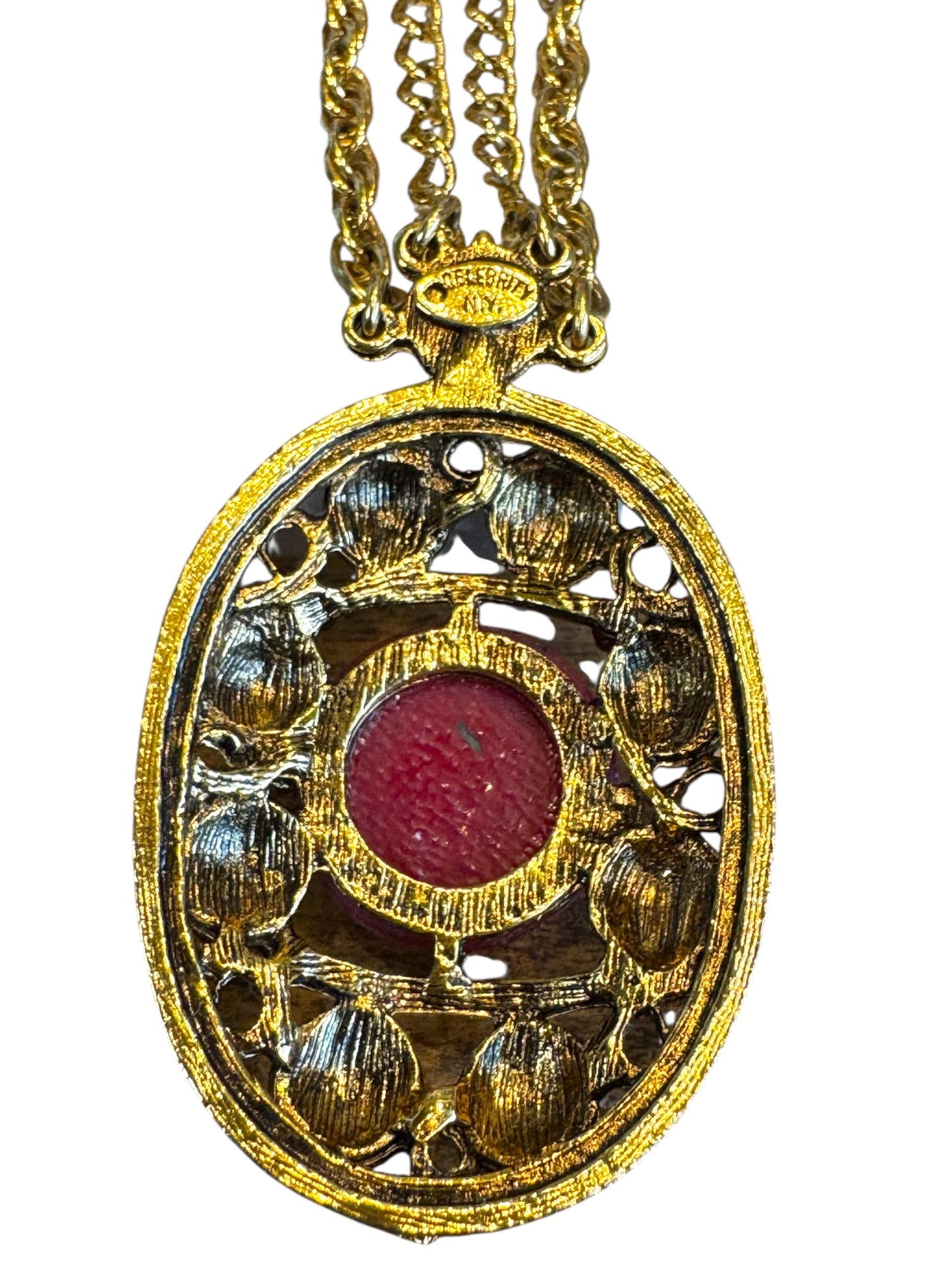 Vintage Delizza and Elster for Celebrity NY Pendant Necklace – Gold-Tone Filigree with Moroccan-Style Glass & Double Chain