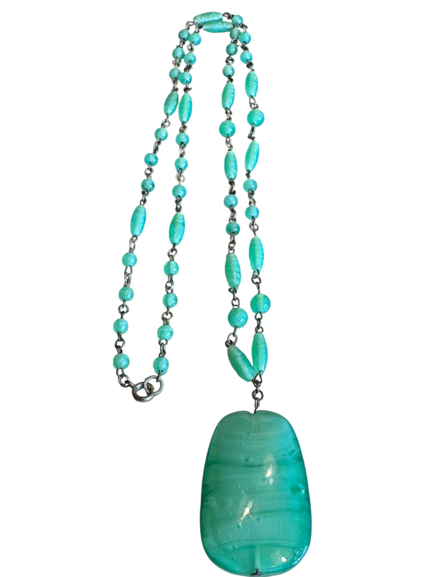 Vintage 1930s Czech Seafoam Glass Pendant Necklace – Signed Czechoslovakiakl.