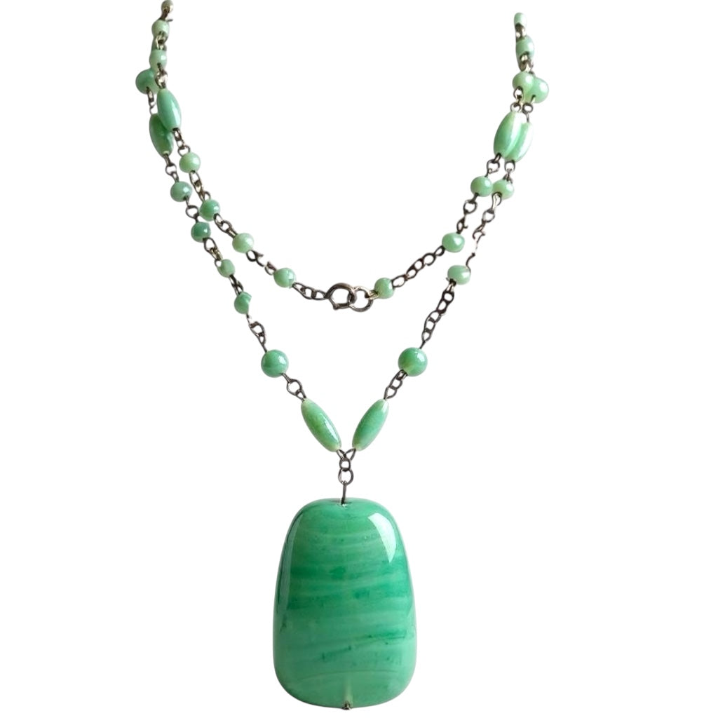 Vintage 1930s Czech Seafoam Glass Pendant Necklace – Signed Czechoslovakiakl.