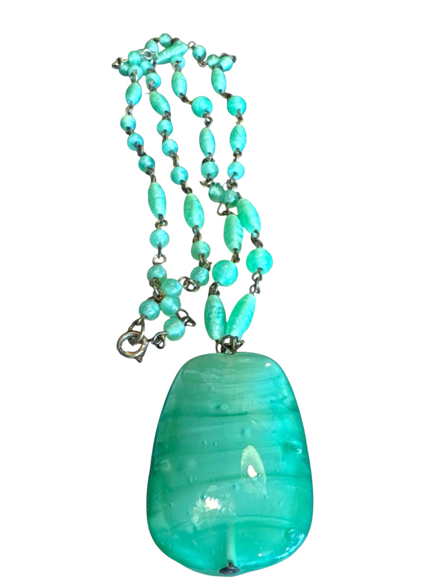Vintage 1930s Czech Seafoam Glass Pendant Necklace – Signed Czechoslovakiakl.