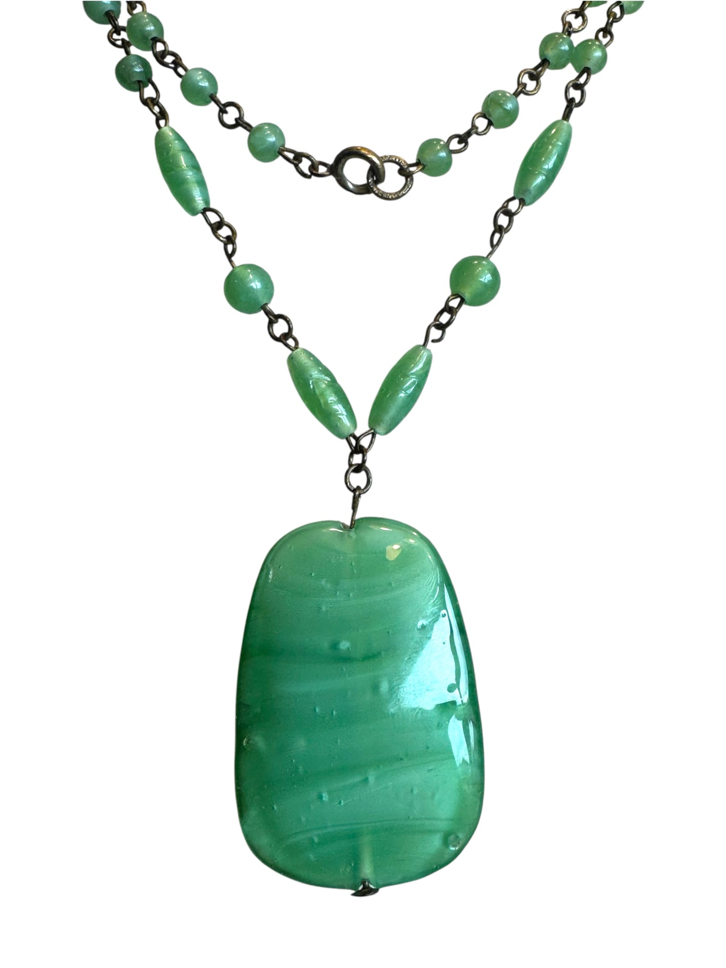 Vintage 1930s Czech Seafoam Glass Pendant Necklace – Signed Czechoslovakiakl.