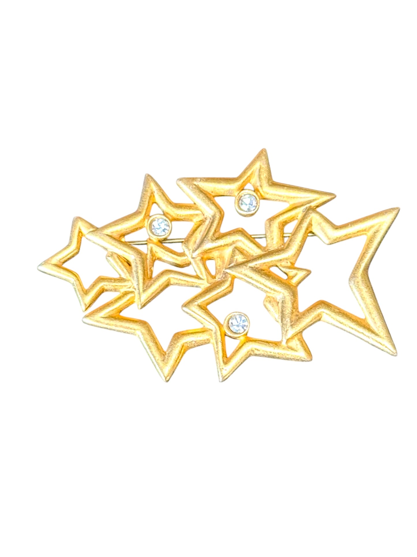 Vintage Anne Klein Star Cluster Brooch with Rhinestone Accents – Gold Tone Openwork