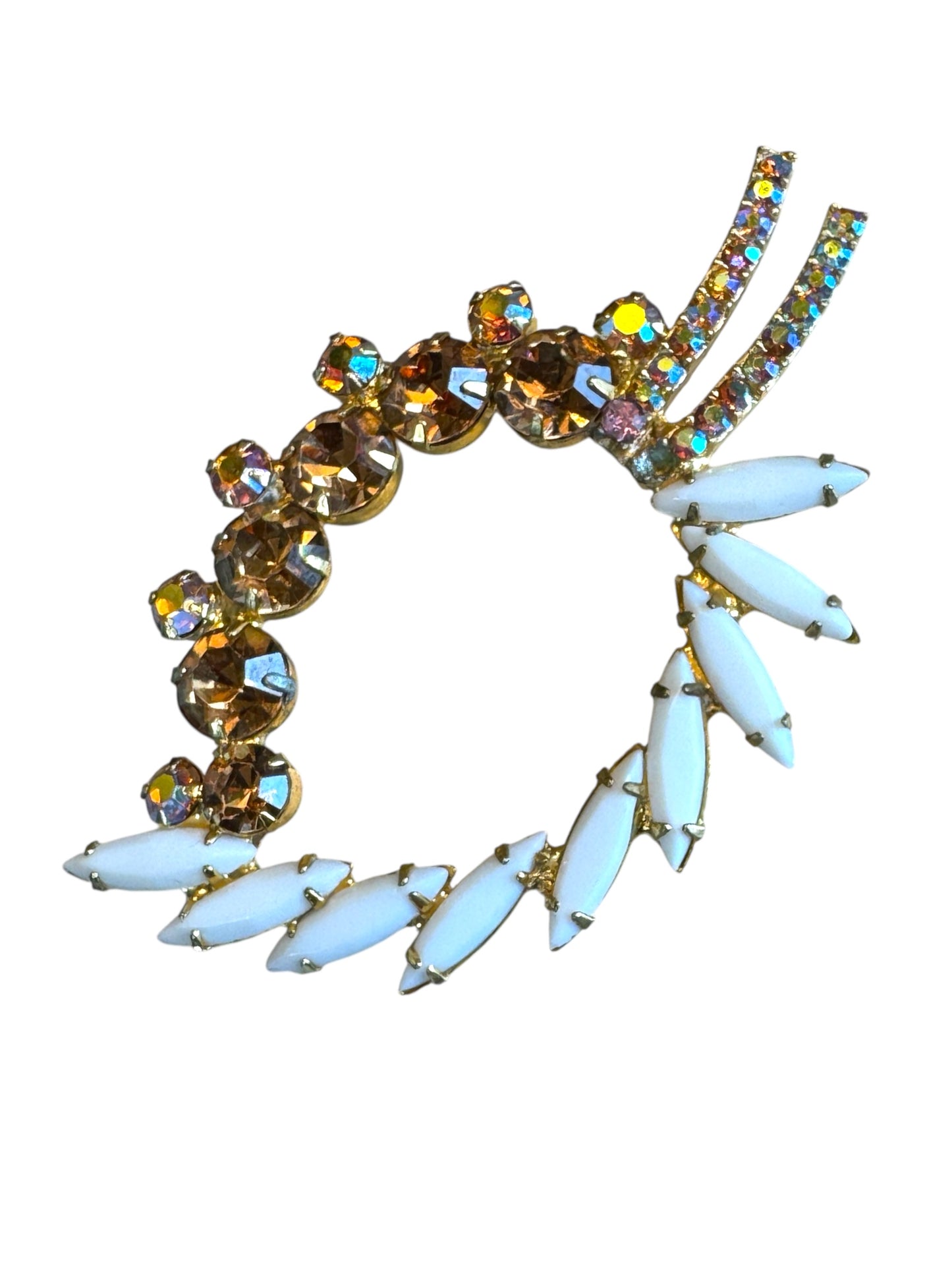 Vintage Wreath Brooch with White Navettes and AB Rhinestones – Mid-Century Costume Jewelry