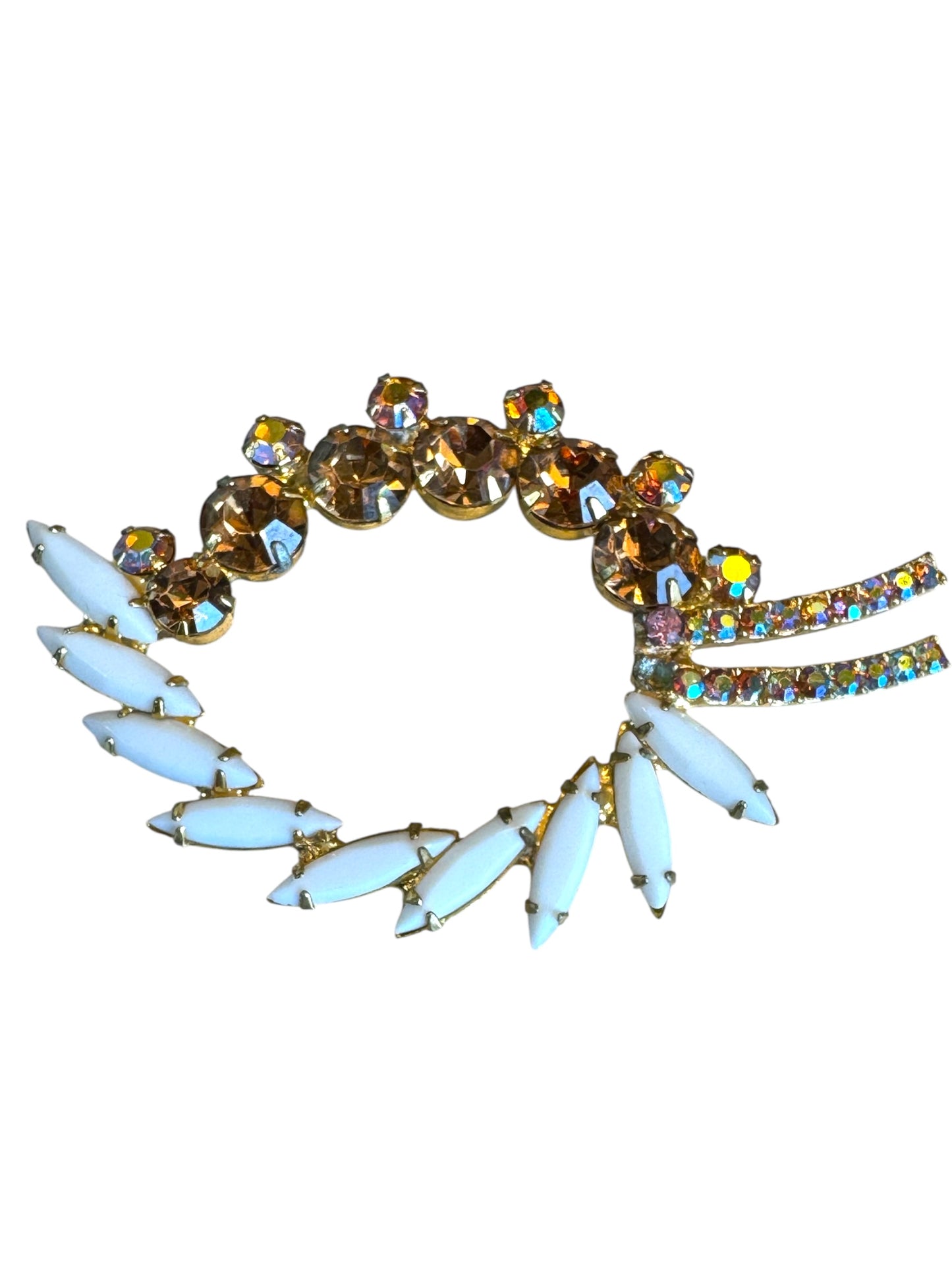 Vintage Wreath Brooch with White Navettes and AB Rhinestones – Mid-Century Costume Jewelry