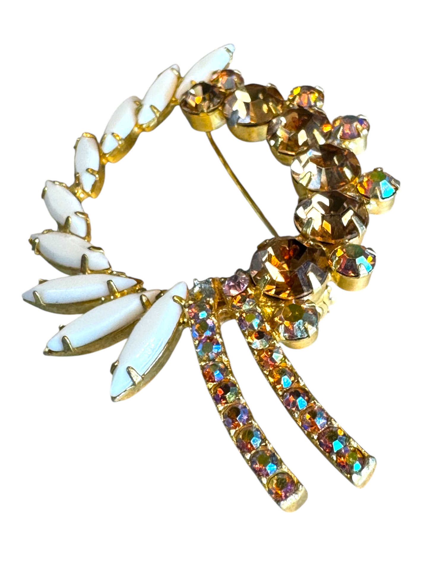 Vintage Wreath Brooch with White Navettes and AB Rhinestones – Mid-Century Costume Jewelry