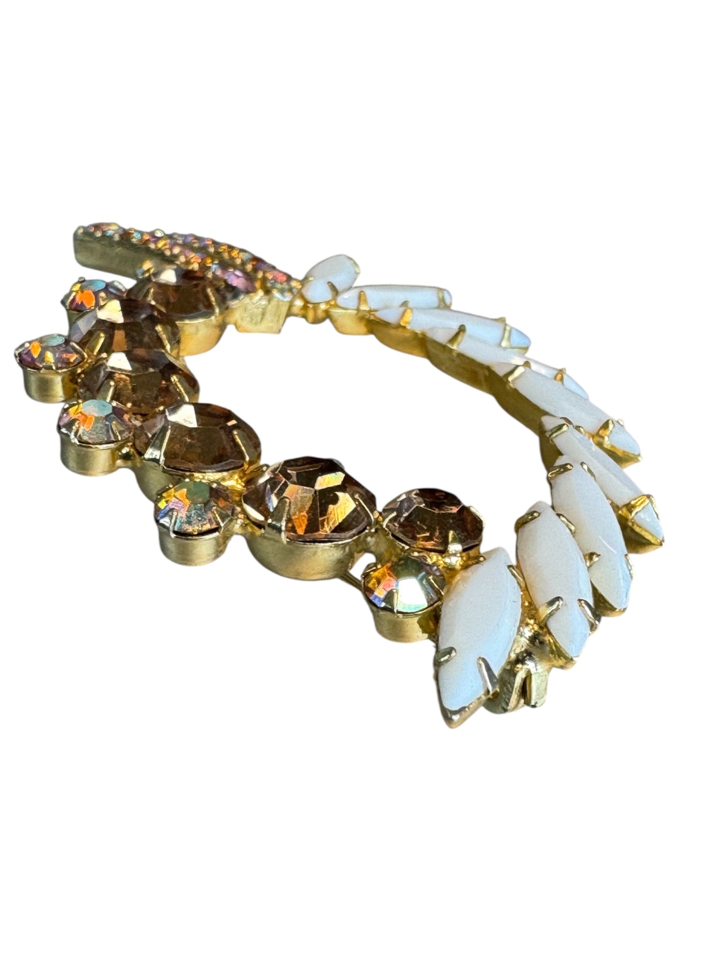 Vintage Wreath Brooch with White Navettes and AB Rhinestones – Mid-Century Costume Jewelry