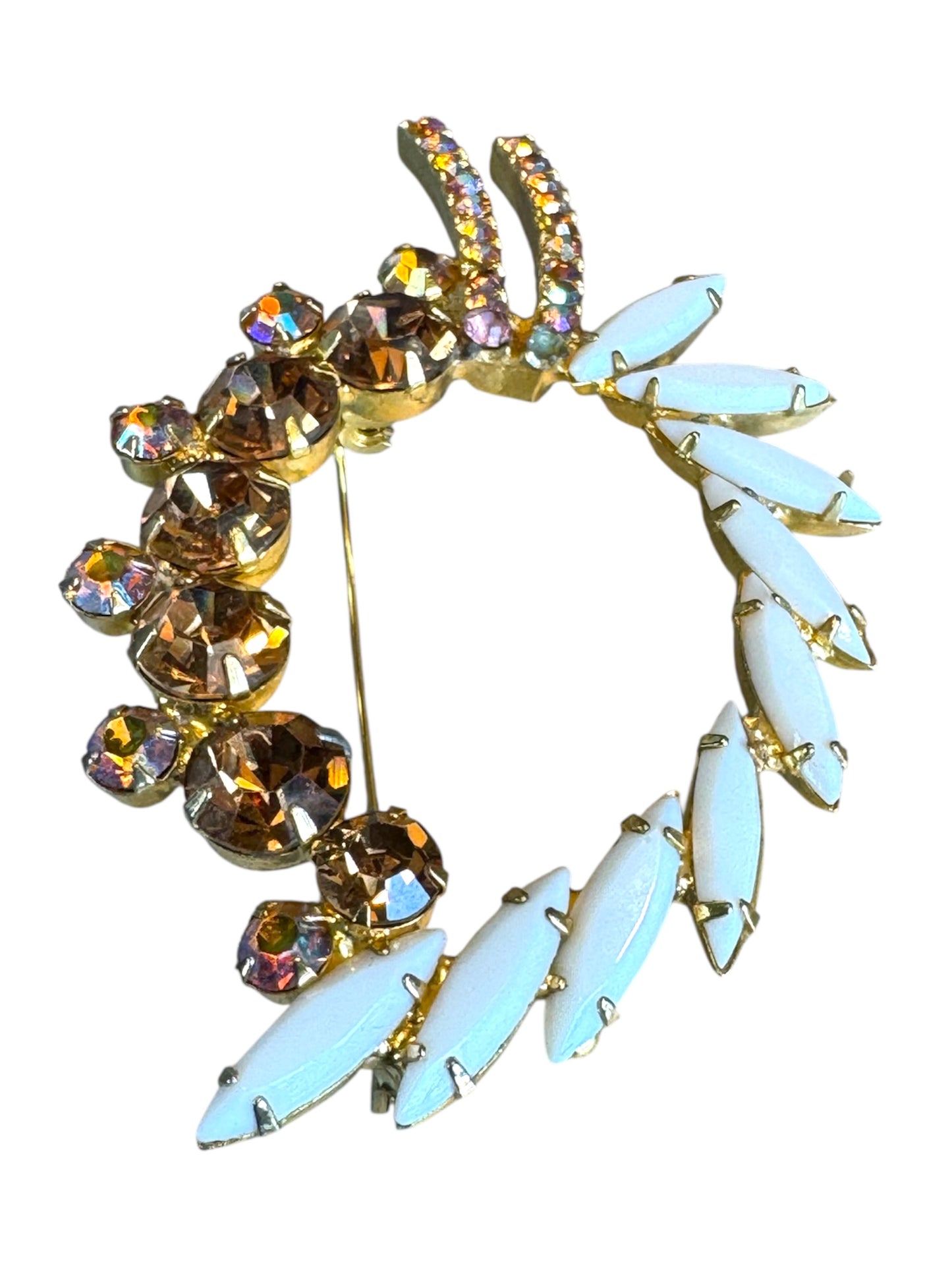 Vintage Wreath Brooch with White Navettes and AB Rhinestones – Mid-Century Costume Jewelry