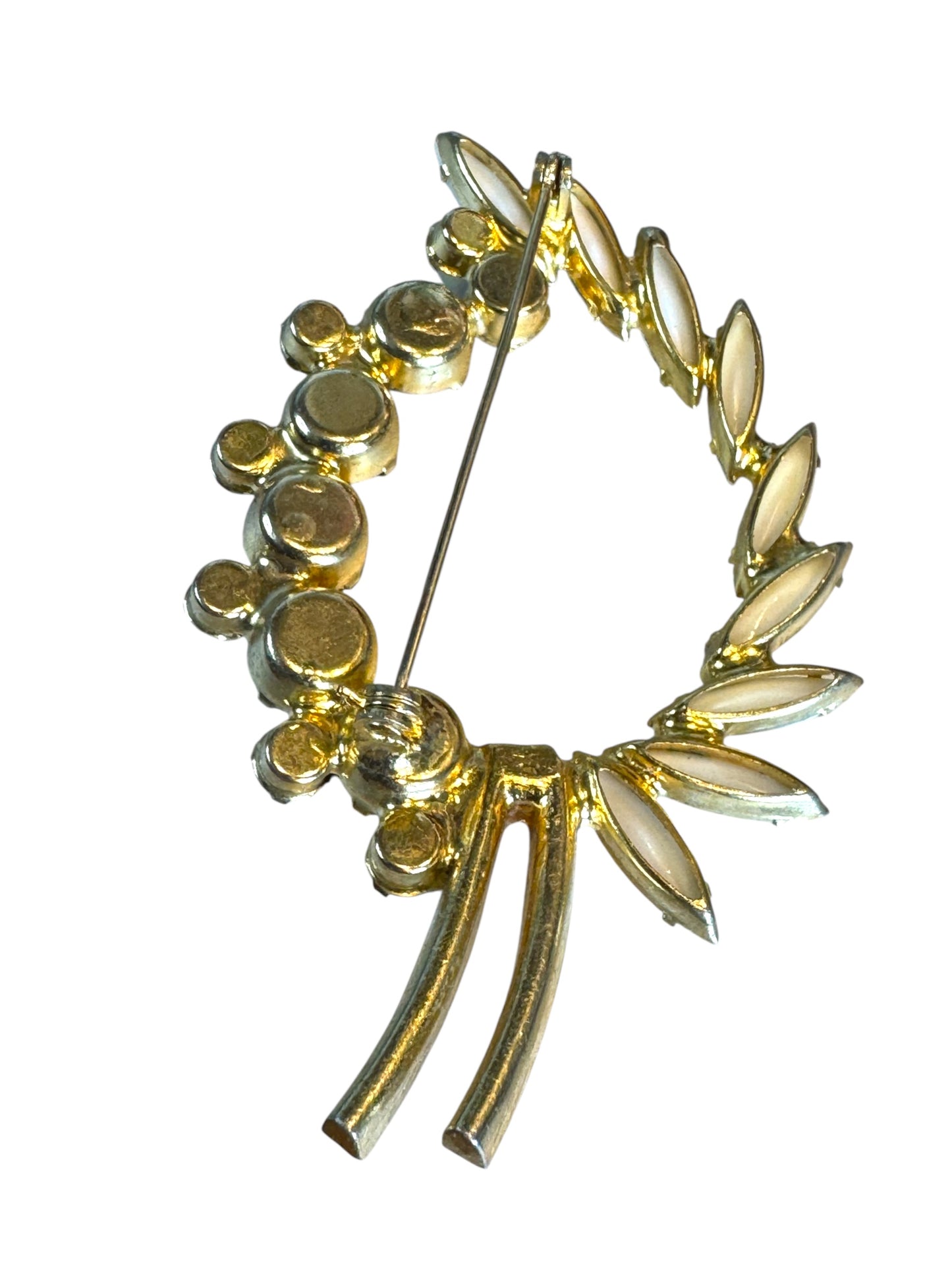 Vintage Wreath Brooch with White Navettes and AB Rhinestones – Mid-Century Costume Jewelry