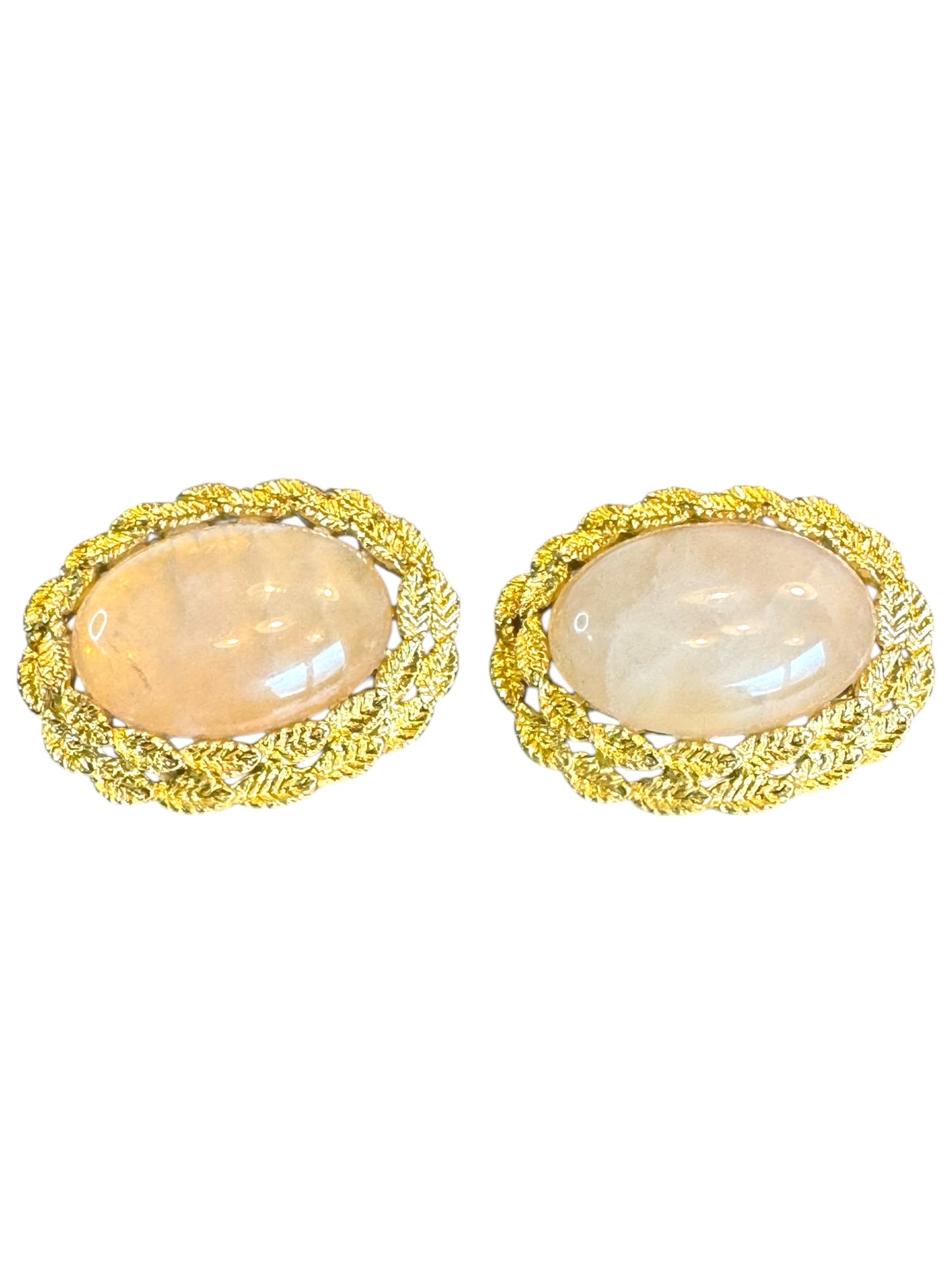 Vintage Gold-Tone Clip-On Earrings with Genuine Rose Quartz – Oval Cabochon & Twisted Rope Frame