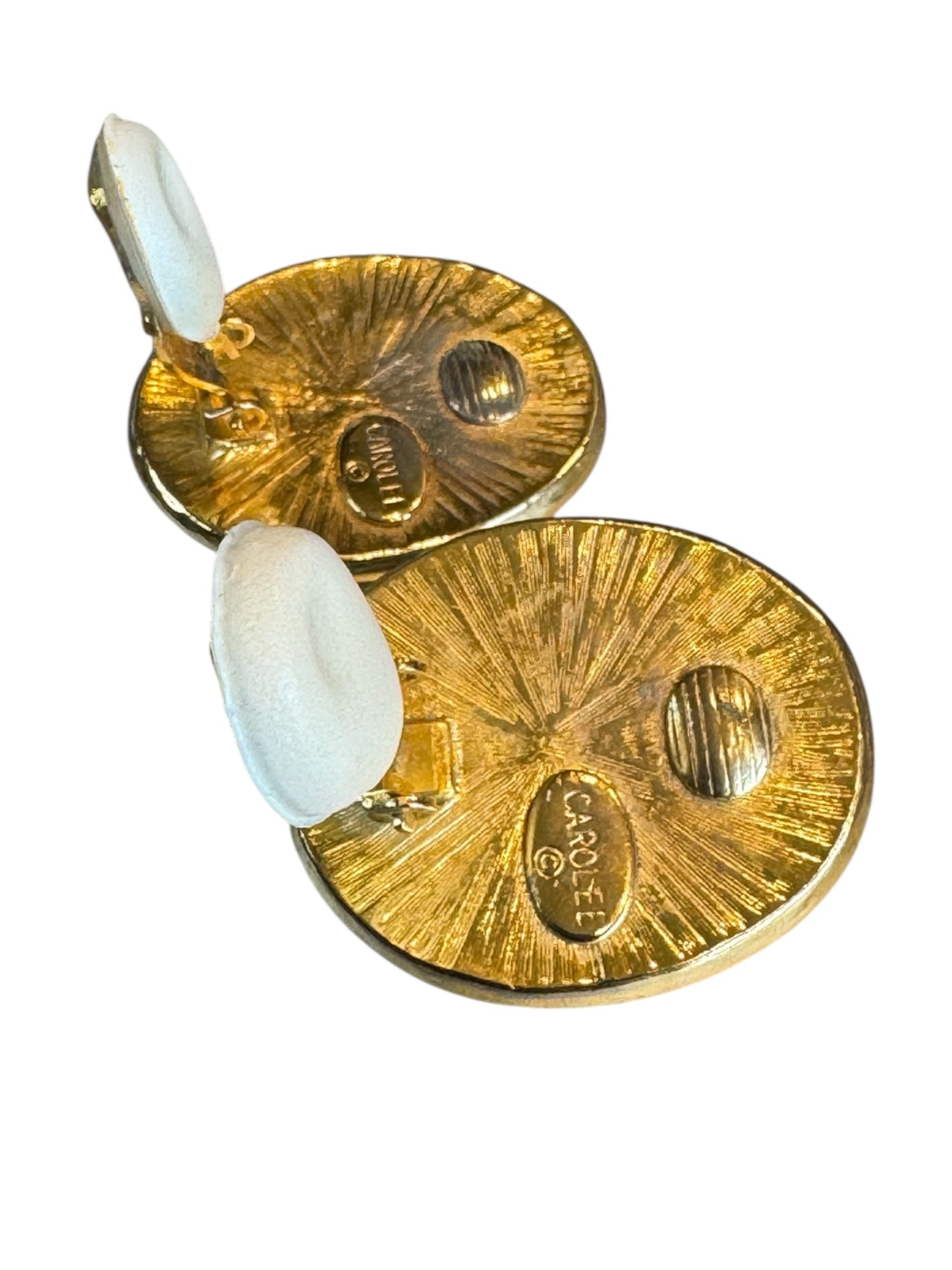 Vintage Carol Lee Oval Clip-On Earrings – Faux Pearl Cabochons with Black Enamel & Gold Trim