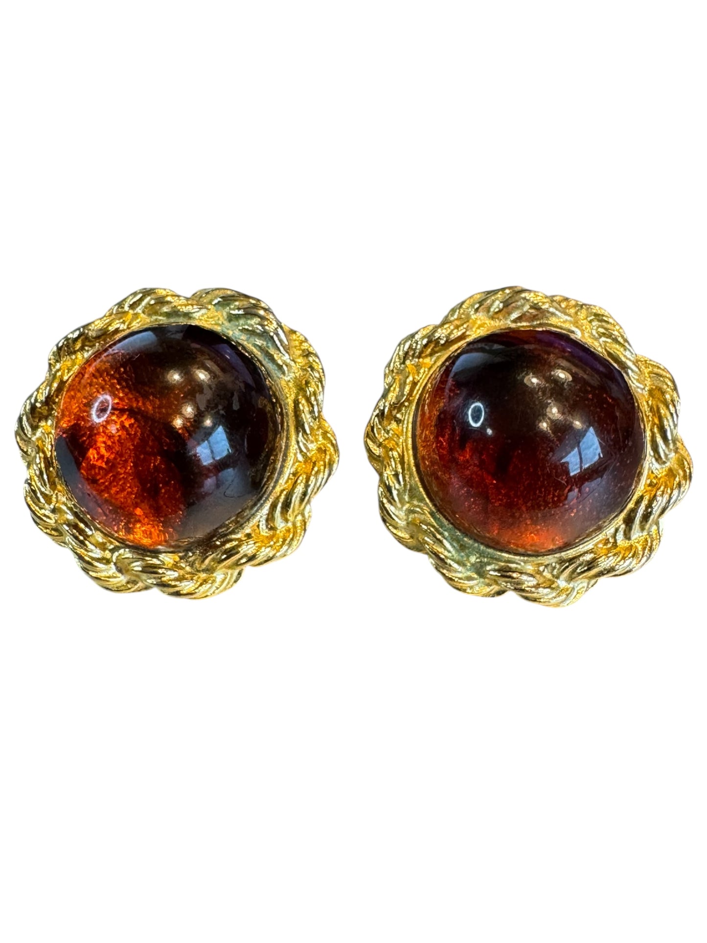 Vintage Amber Lucite Cabochon Clip-On Earrings – Braided Gold-Tone Frame