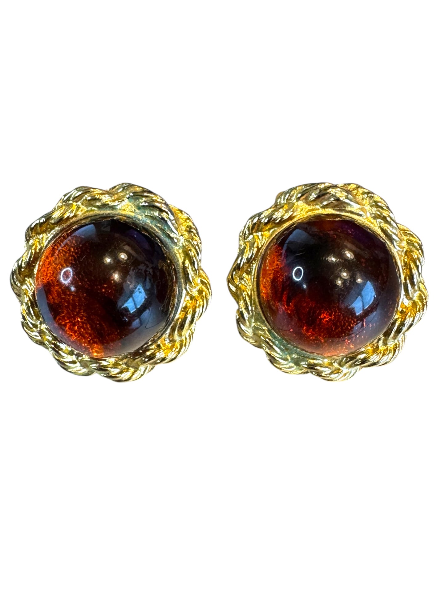 Vintage Amber Lucite Cabochon Clip-On Earrings – Braided Gold-Tone Frame