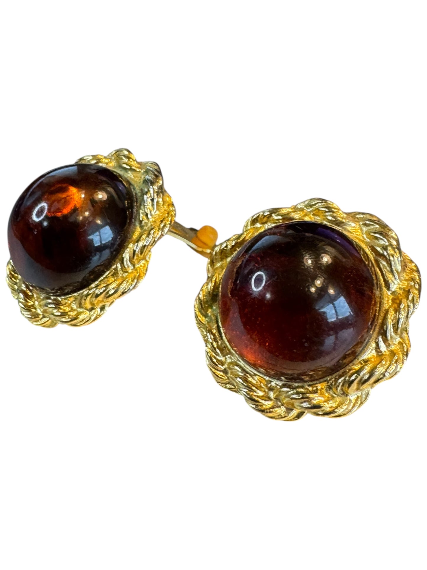 Vintage Amber Lucite Cabochon Clip-On Earrings – Braided Gold-Tone Frame