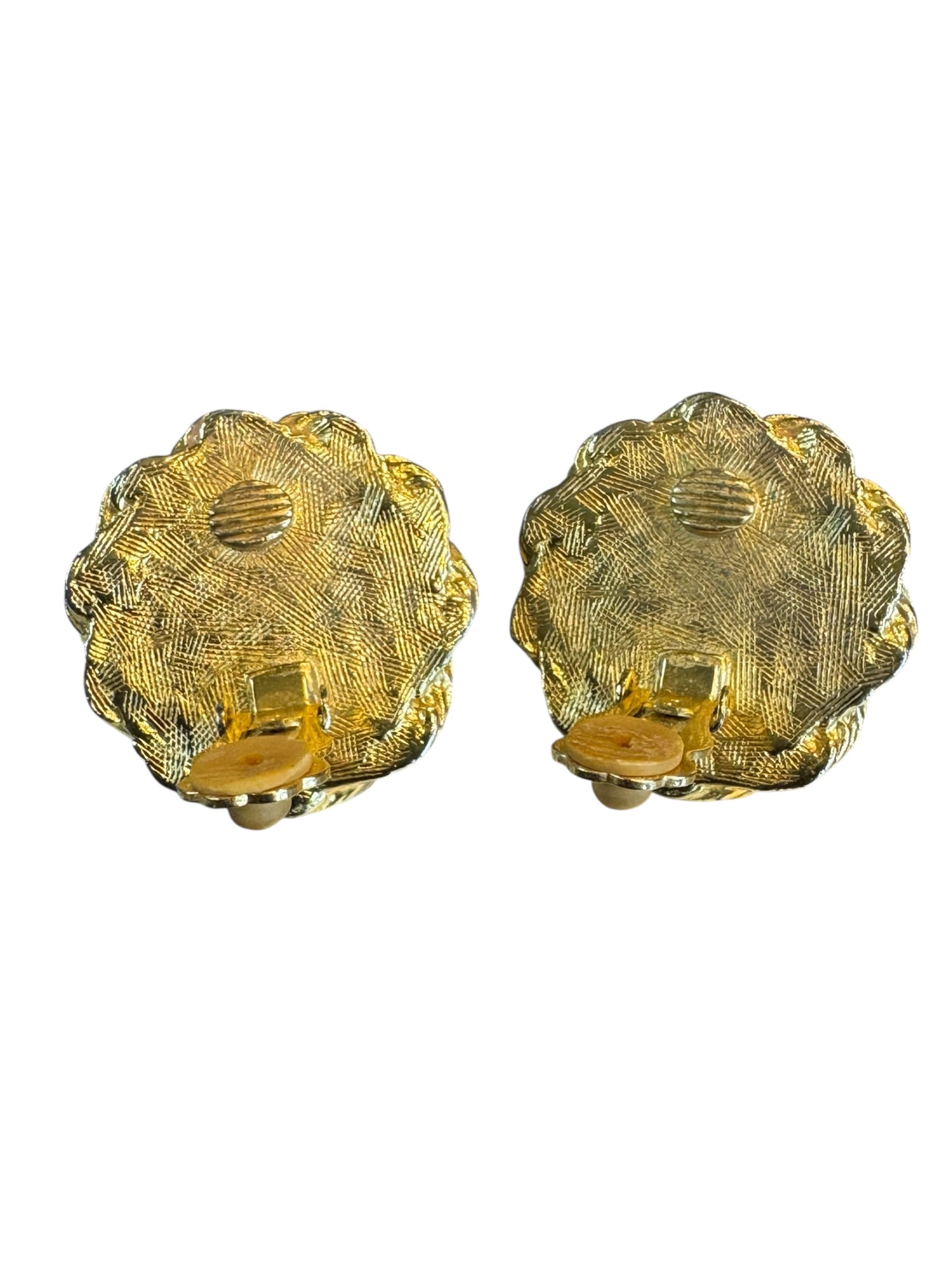Vintage Amber Lucite Cabochon Clip-On Earrings – Braided Gold-Tone Frame