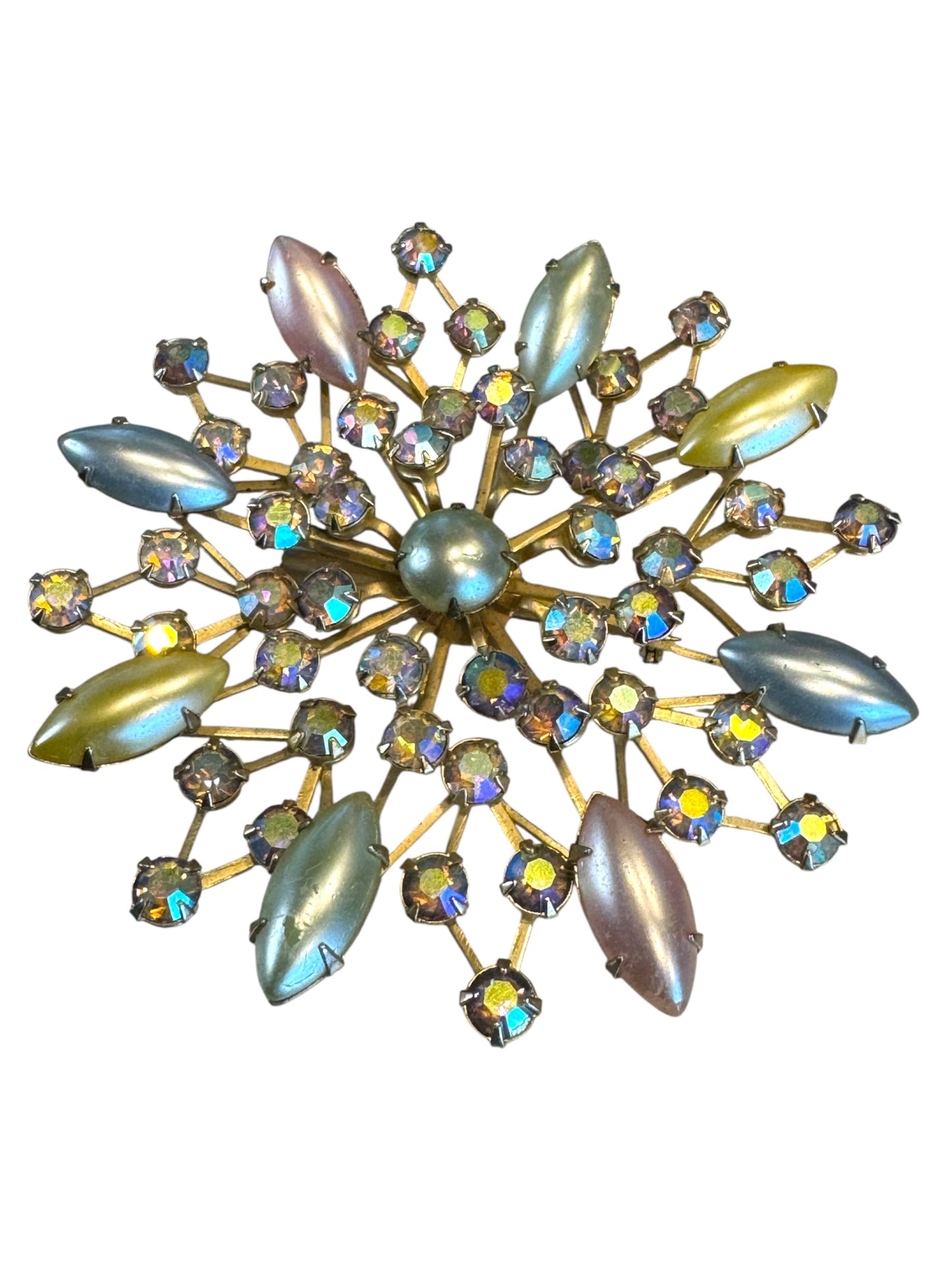 Vintage 1950s Aurora Borealis Starburst Brooch – Pastel Navette Glass & Rhinestones