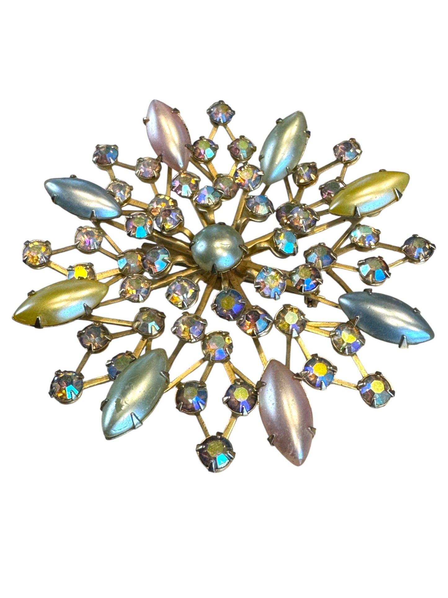 Vintage 1950s Aurora Borealis Starburst Brooch – Pastel Navette Glass & Rhinestones