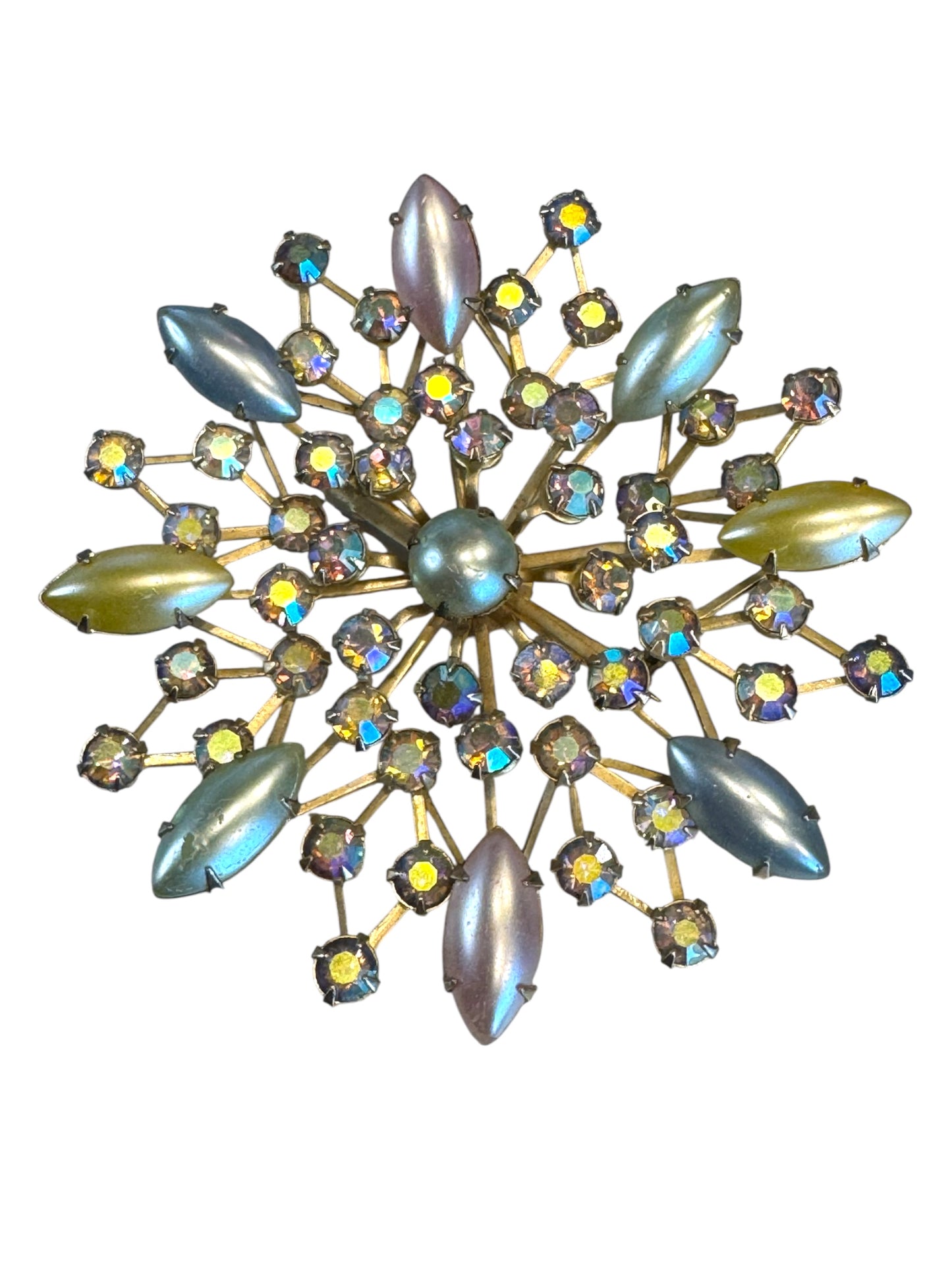 Vintage 1950s Aurora Borealis Starburst Brooch – Pastel Navette Glass & Rhinestones