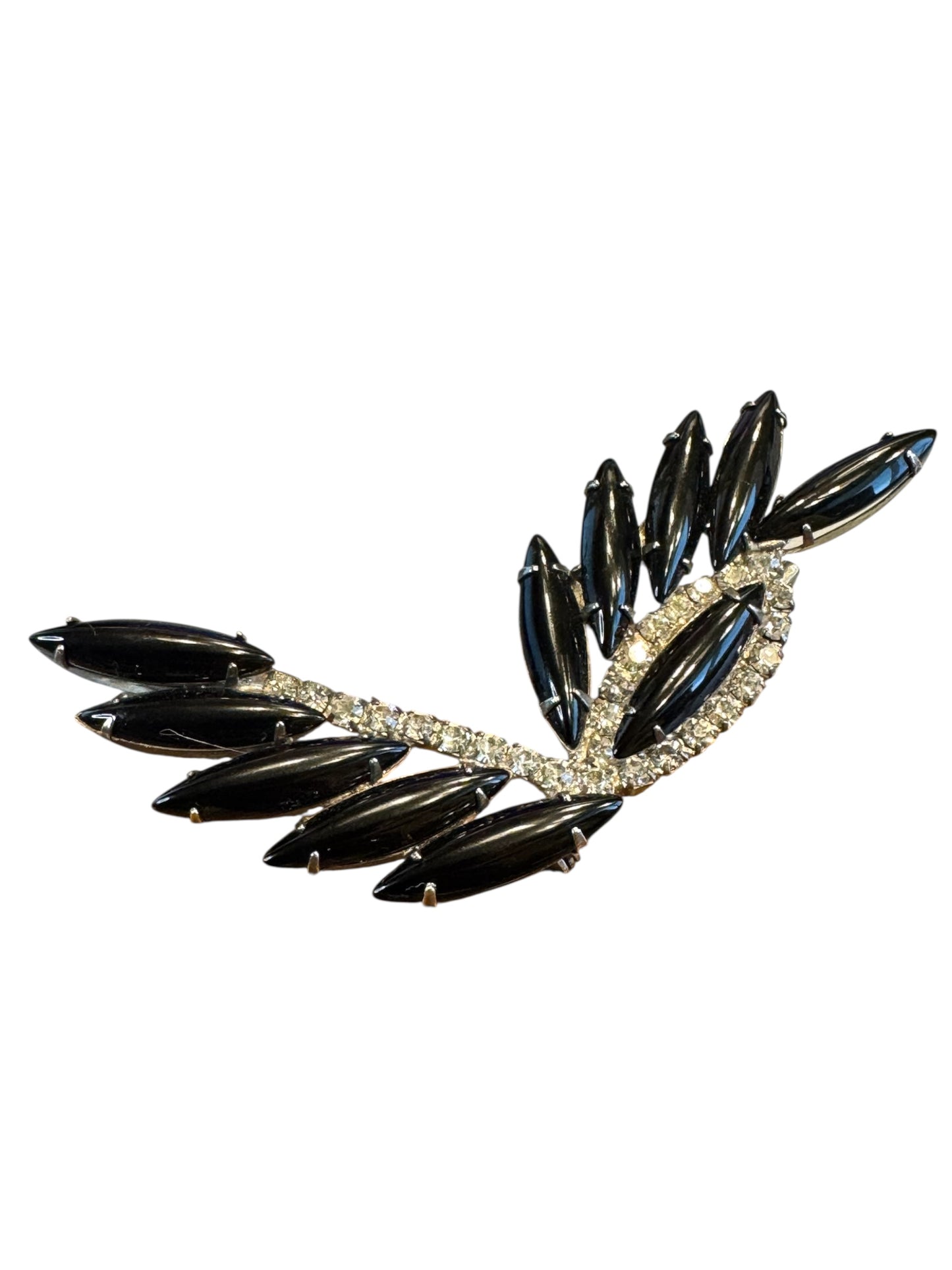 Vintage Black Navette & Rhinestone Leaf Brooch – Mid-Century Silver Tone Statement Pin