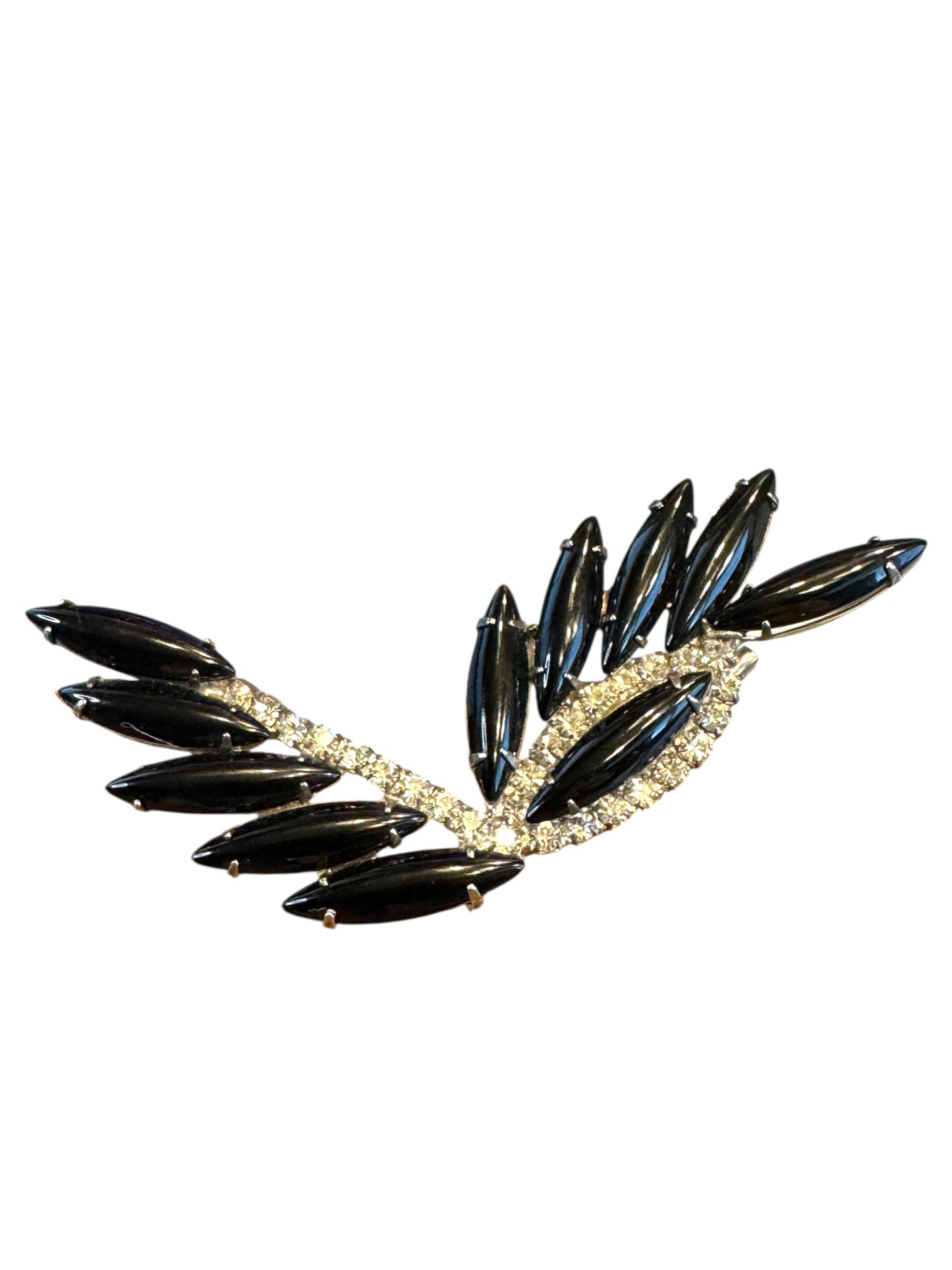 Vintage Black Navette & Rhinestone Leaf Brooch – Mid-Century Silver Tone Statement Pin