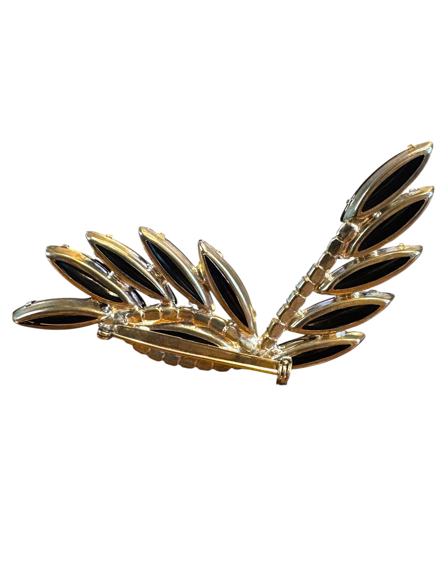 Vintage Black Navette & Rhinestone Leaf Brooch – Mid-Century Silver Tone Statement Pin