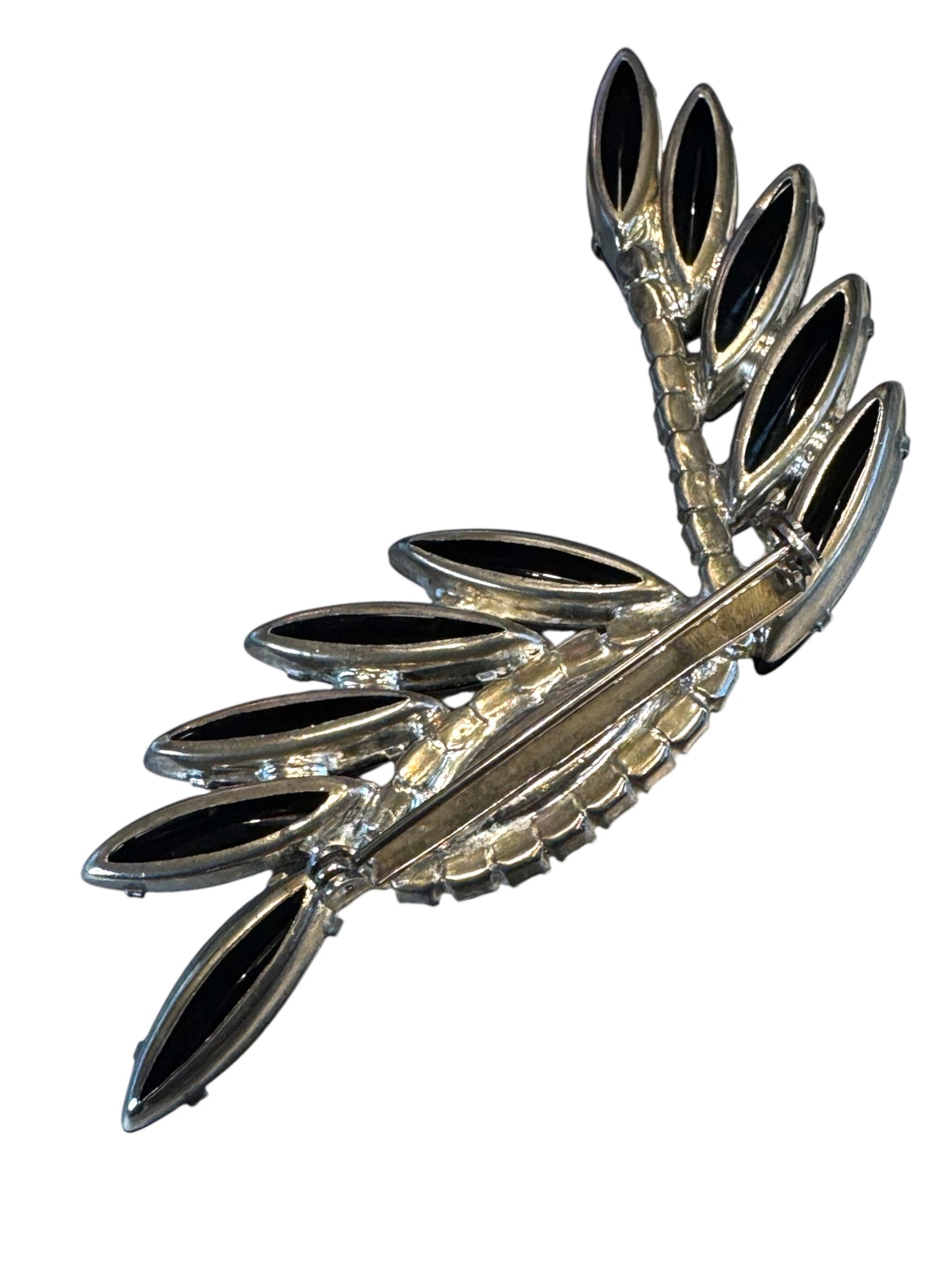 Vintage Black Navette & Rhinestone Leaf Brooch – Mid-Century Silver Tone Statement Pin