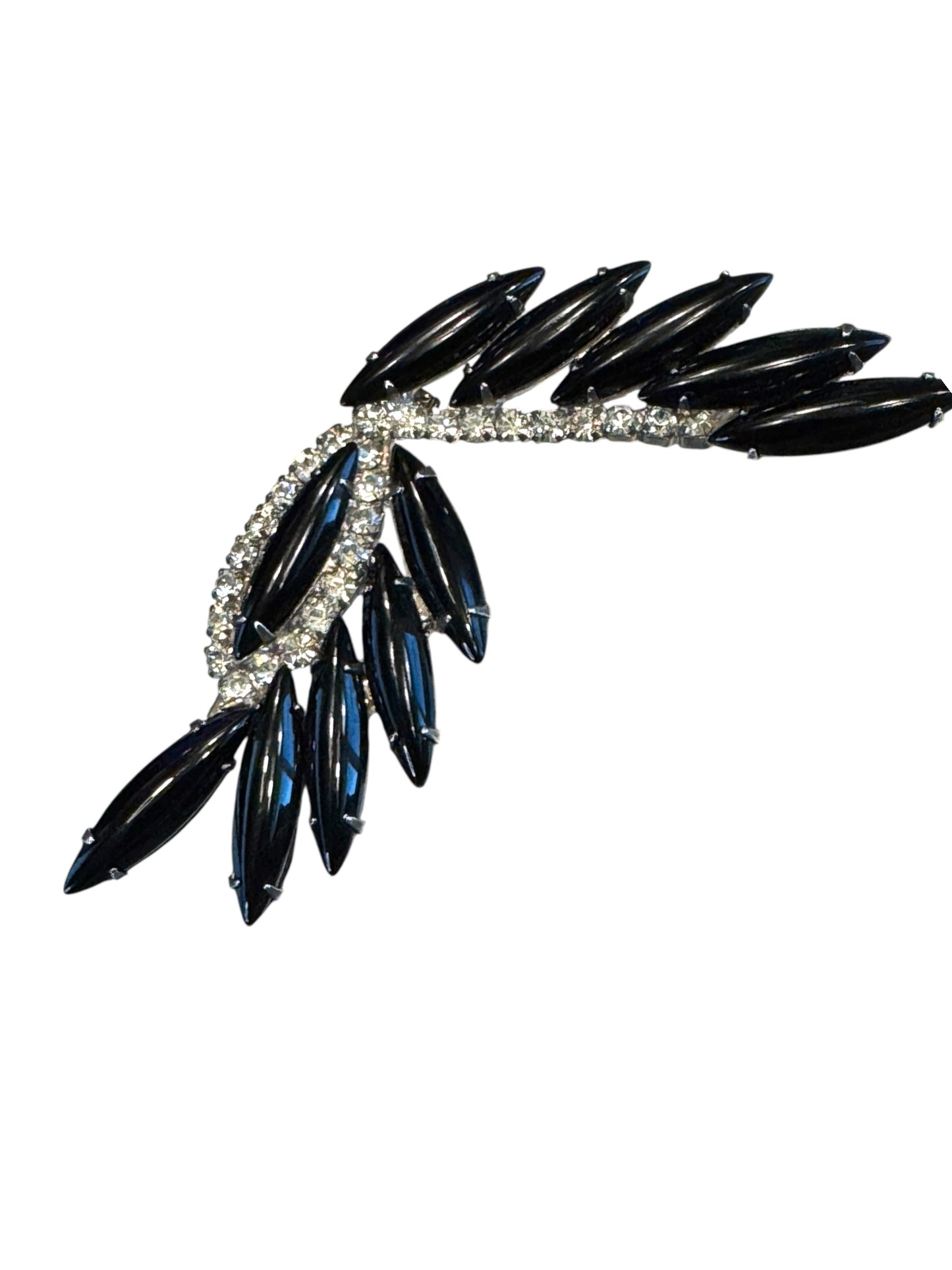 Vintage Black Navette & Rhinestone Leaf Brooch – Mid-Century Silver Tone Statement Pin