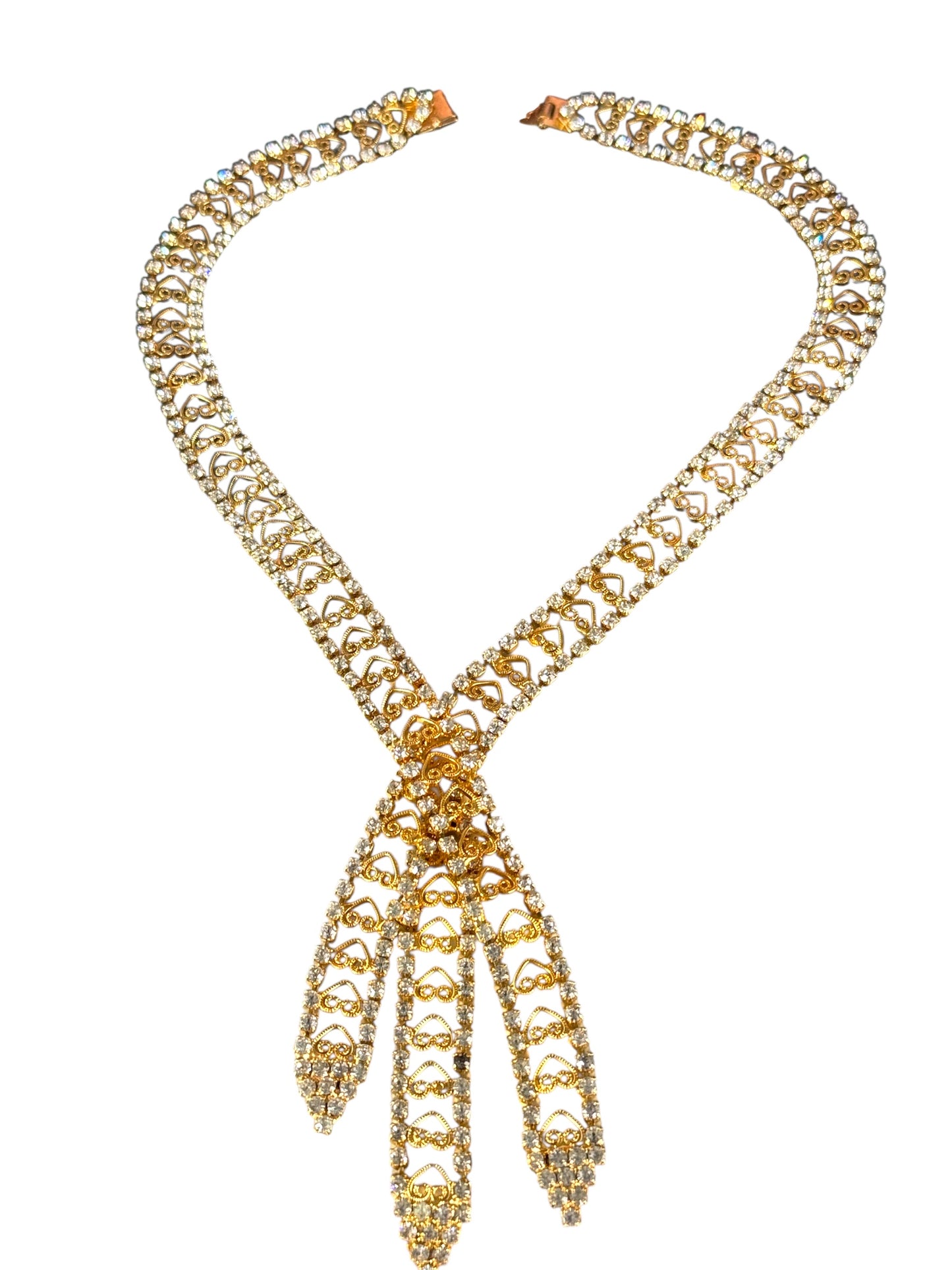Vintage Juliana-Style Rhinestone Tie Necklace – Filigree Hearts & Crystal Fringe