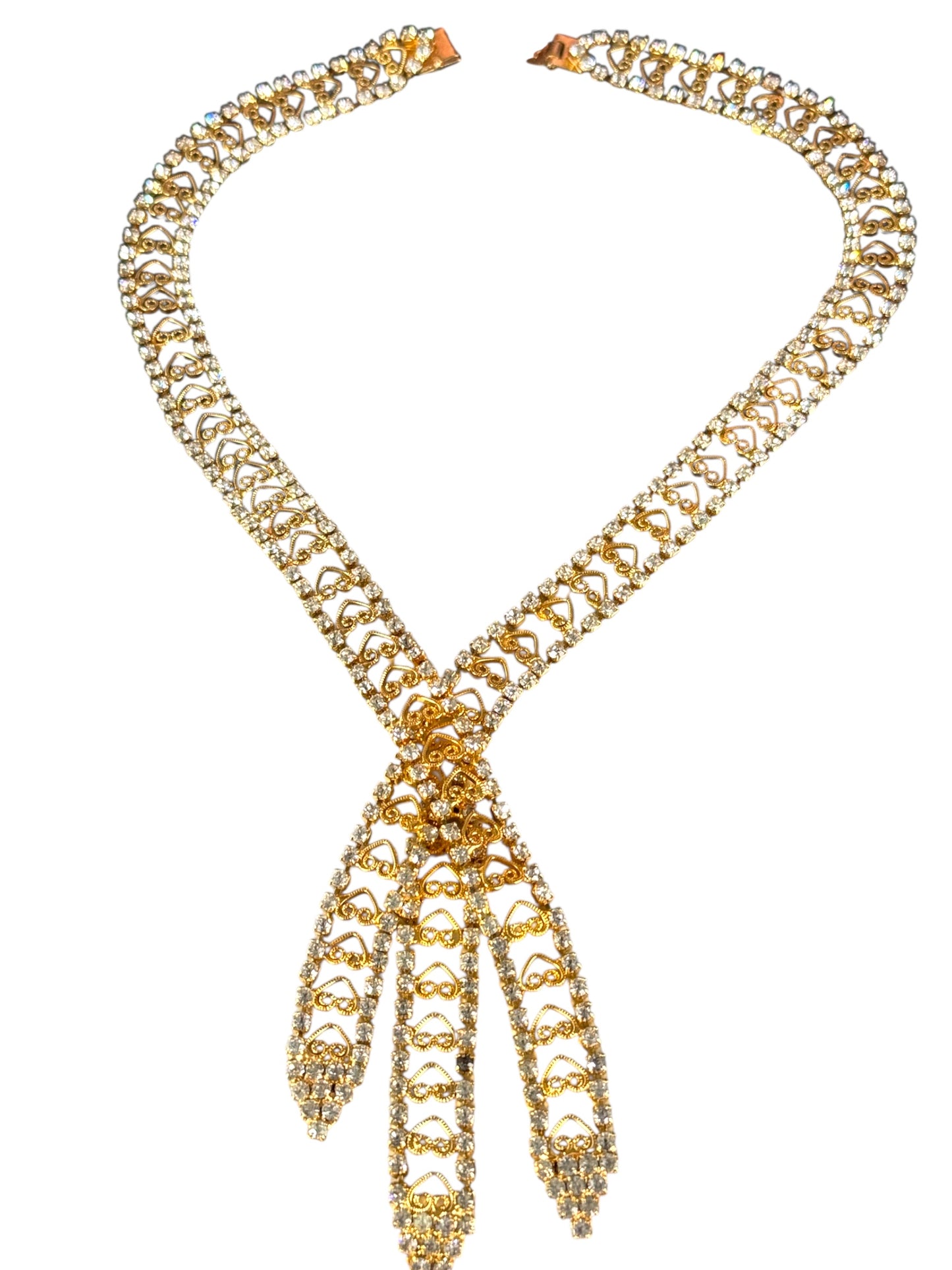 Vintage Juliana-Style Rhinestone Tie Necklace – Filigree Hearts & Crystal Fringe