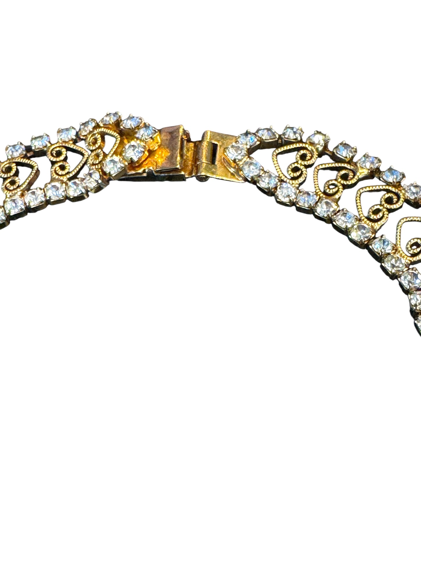 Vintage Juliana-Style Rhinestone Tie Necklace – Filigree Hearts & Crystal Fringe
