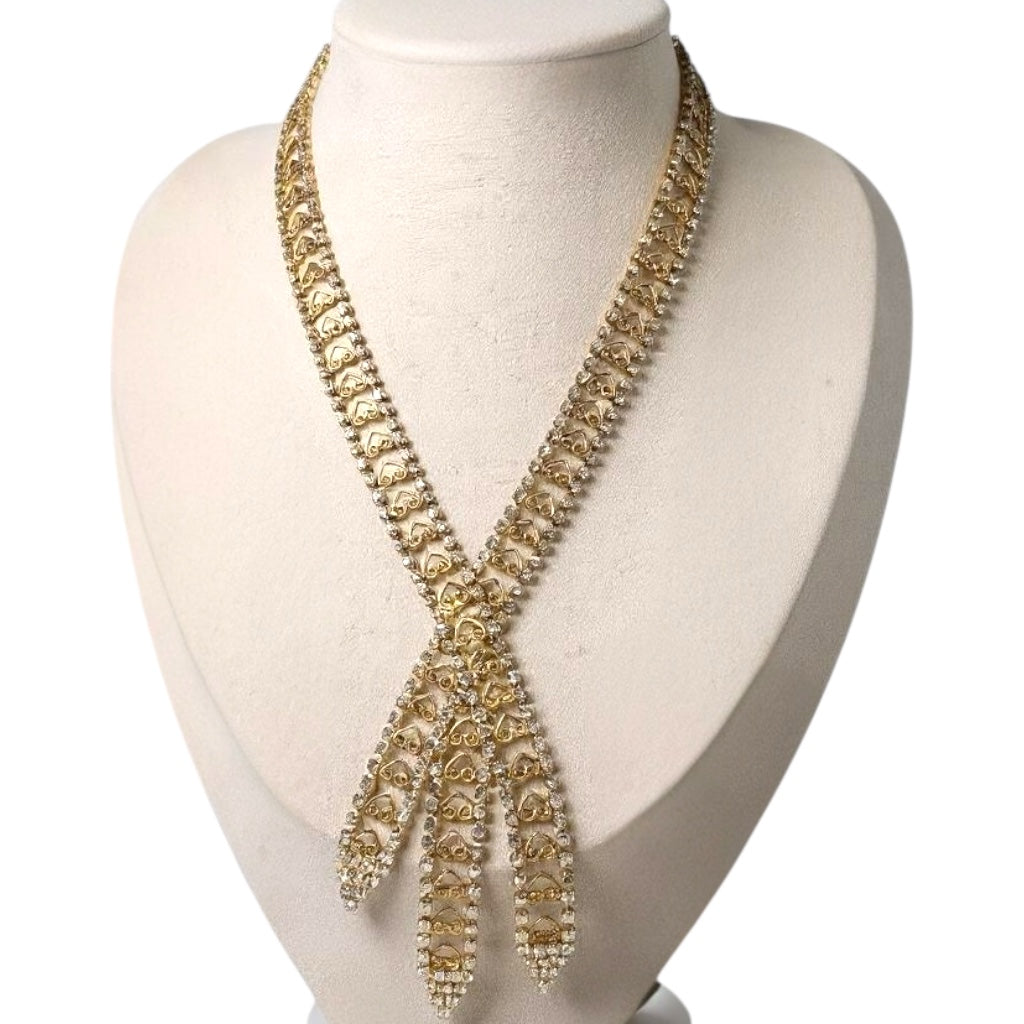 Vintage Juliana-Style Rhinestone Tie Necklace – Filigree Hearts & Crystal Fringe