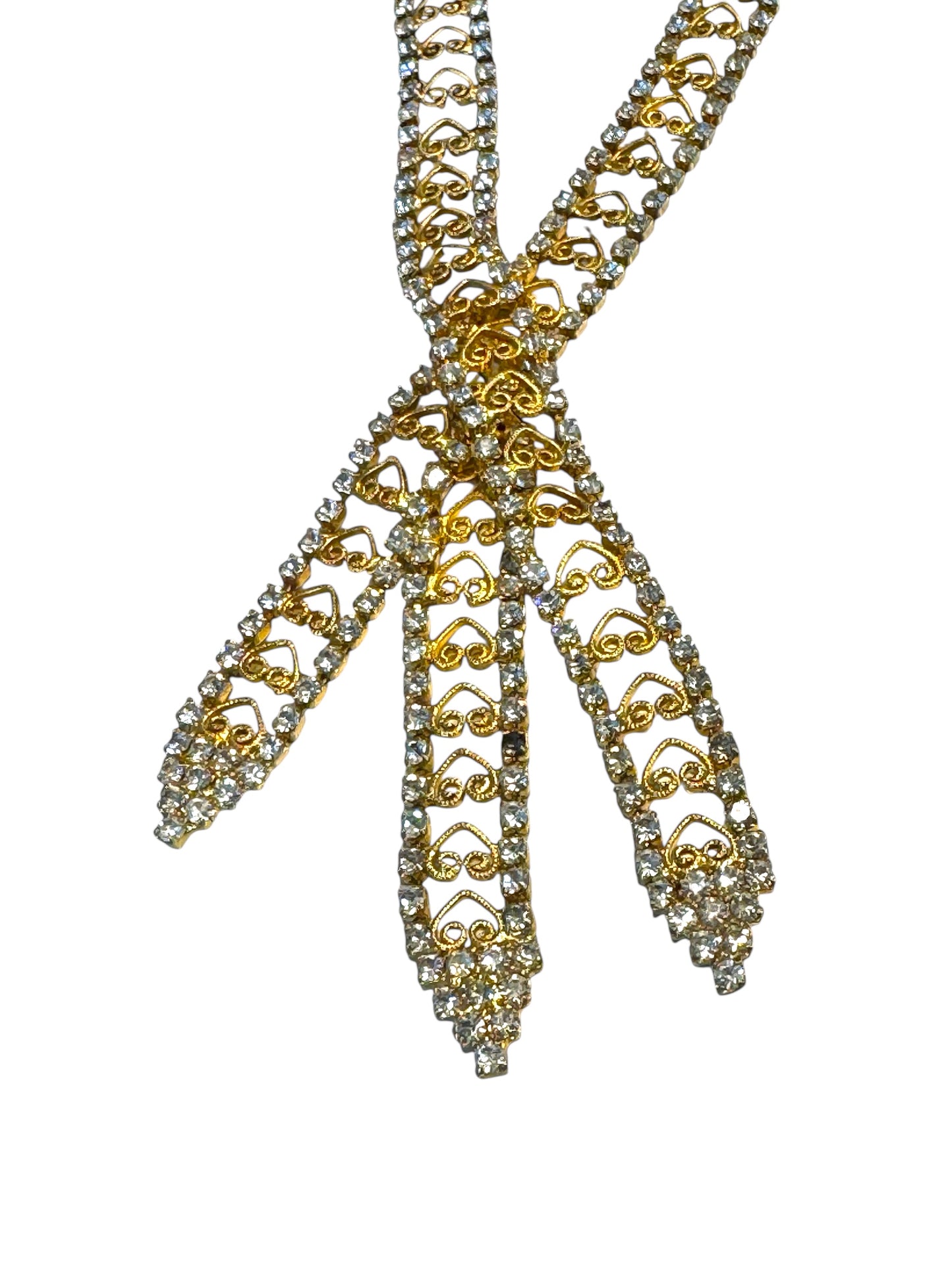 Vintage Juliana-Style Rhinestone Tie Necklace – Gold-Tone Filigree Hearts & Crystal Fringe