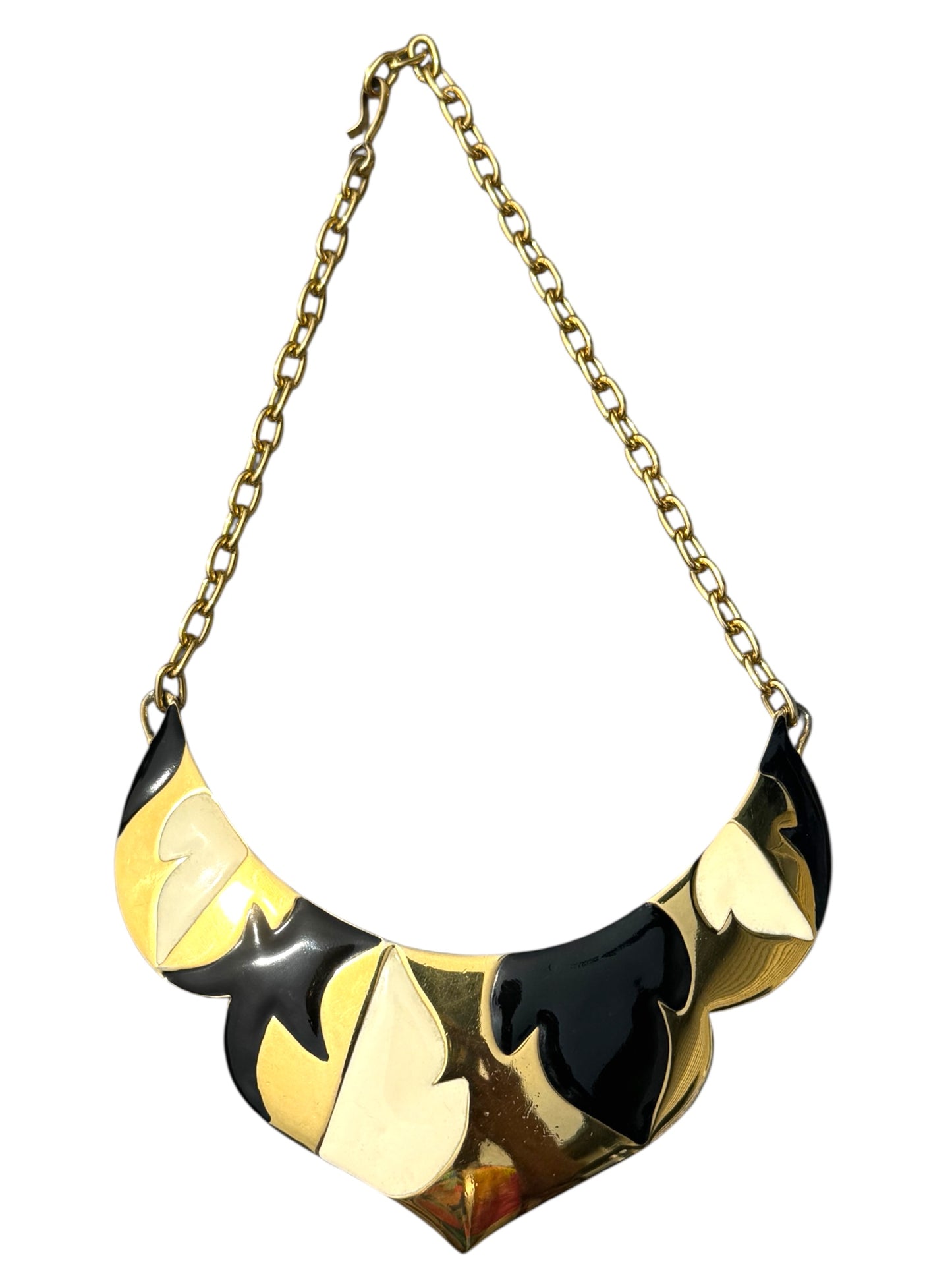 Vintage Monet Black & Ivory Enamel Statement Collar Necklace – 1970s–1980s Runway Couture